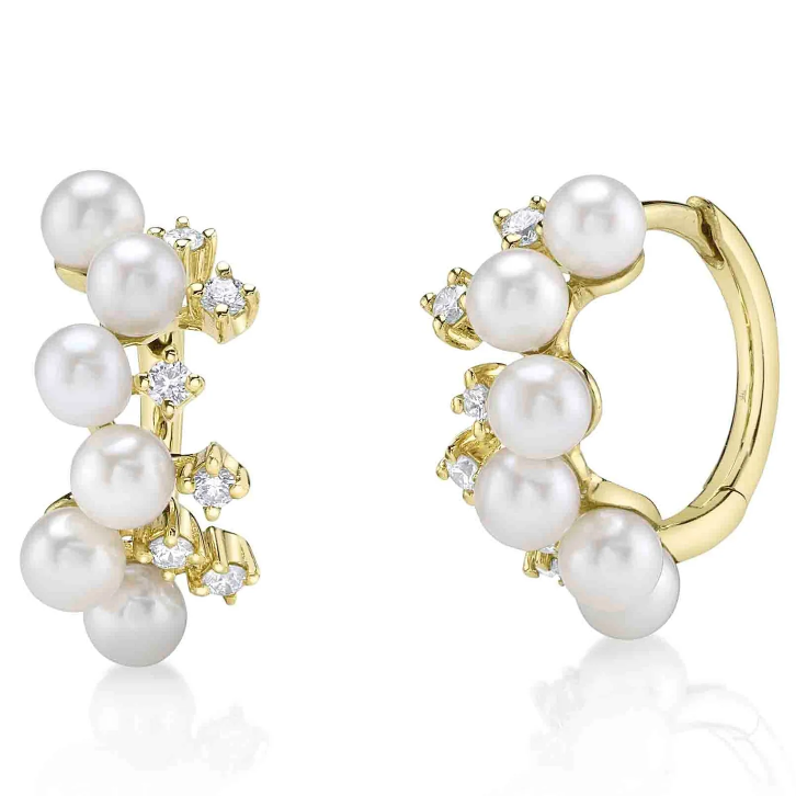 .17TDW 12 PEARLS + 12 ROUND DIAMOND ROUND HUGGIE HOOP EARRINGS 14KY