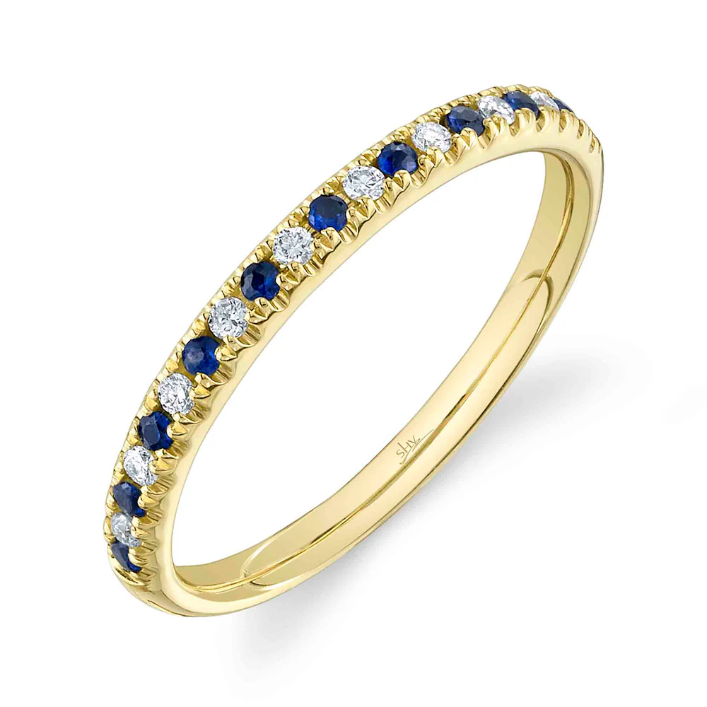 .20TGW SAPPHIRE + DIAMOND ANNIVERSARY BAND CONTAINING: 10 ROUND BLUE SAPPHIRES .10CTW + 10 ROUND DIAMONDS .10TDW 14KY