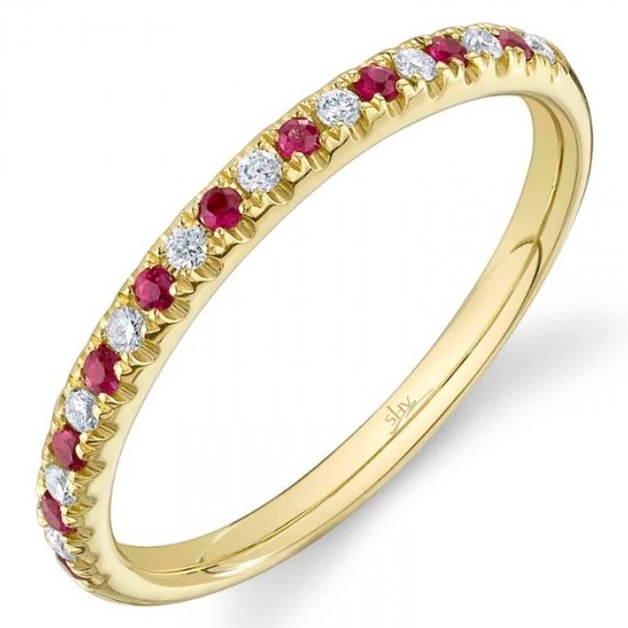.20TGW RUBY + DIAMOND ANNIVERSARY BAND CONTAINING: 10 ROUND RUBIES .10CTW + 10 ROUND DIAMONDS .10TDW 14KY