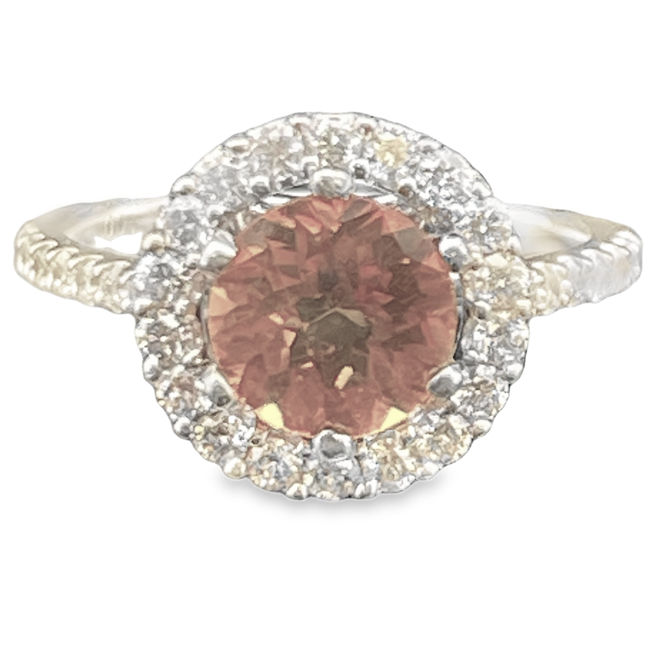 1.06CT ROUND ORANGE GARNET 32D=.50CTW ROUND HALO RING 14KW