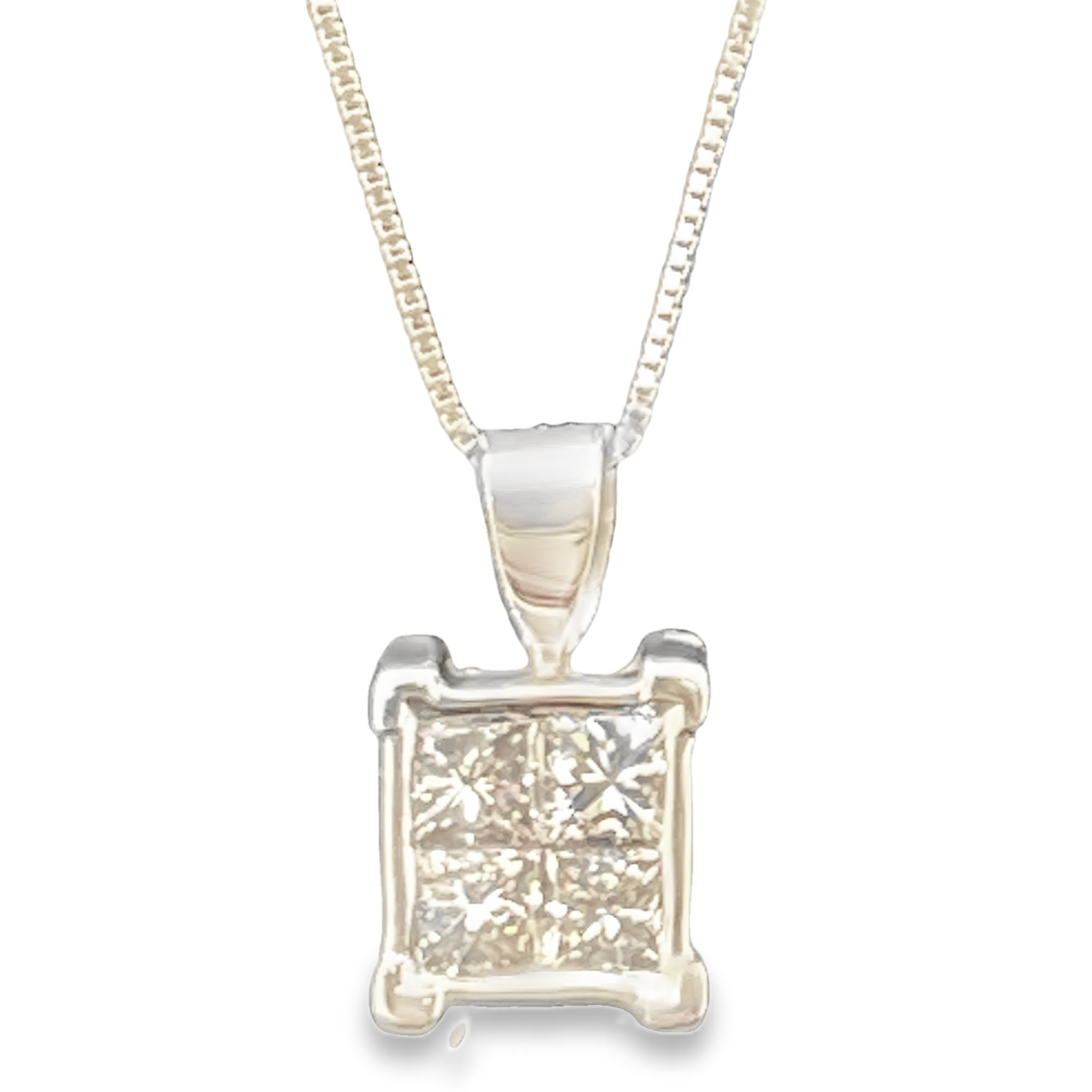 4 PRINCESS CUT DIAMONDS=1CTW INVISIBLY SET PENDANT 14KW