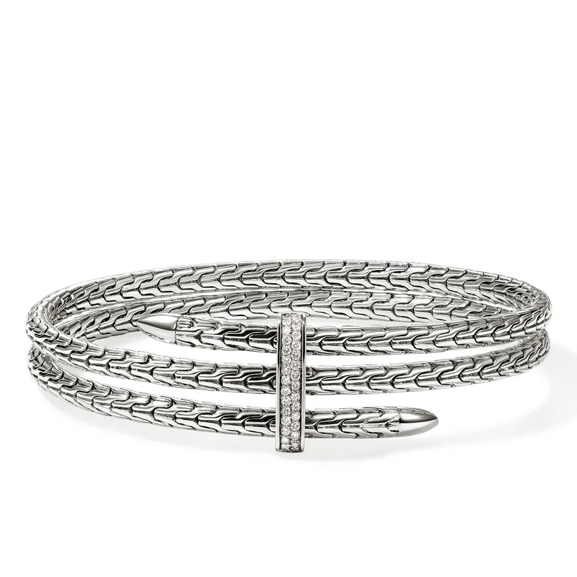 JOHN HARDY SPEAR SILVER DIAMOND PAVE DOUBLE 4MM FLEX CUFF .23CTW SIZE M