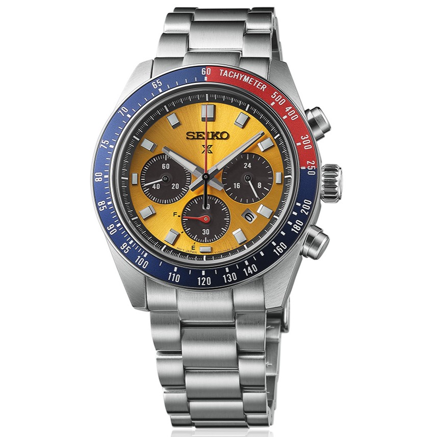 SEIKO PROSPEX SPEEDTIMER SOLAR CHRONOGRAPH YELLOW DIAL WITH BLUE SUBDIALS RED/BLUE BEZEL LINK BRACELET STAINLESS