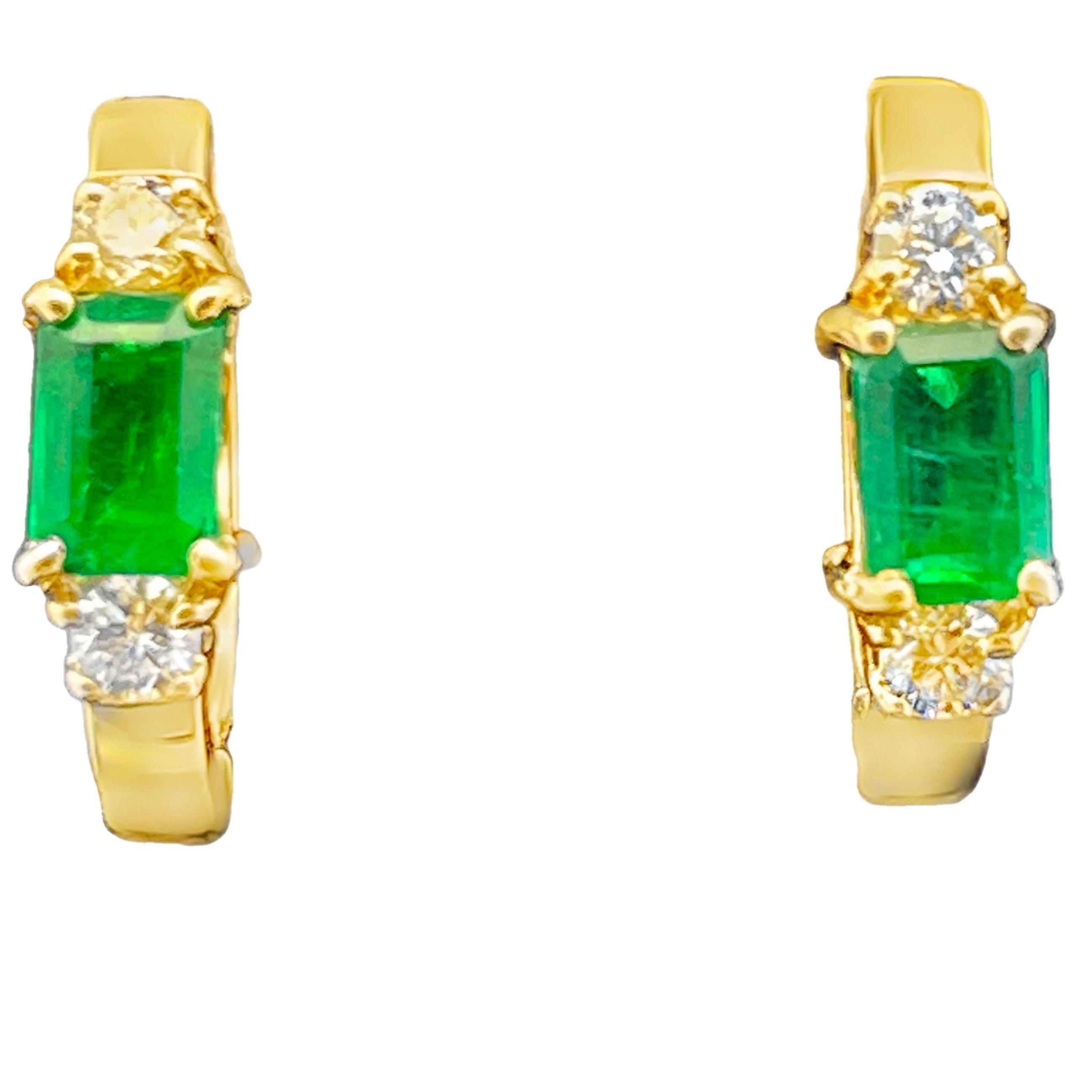 1.42TGW EMERALD + DIAMOND MINI HOOP EARRINGS CONTAINING: 2 EMERALD CUT EMERALDS 1.10CTW + 4 ROUND DIAMONDS .32TDW 14KY