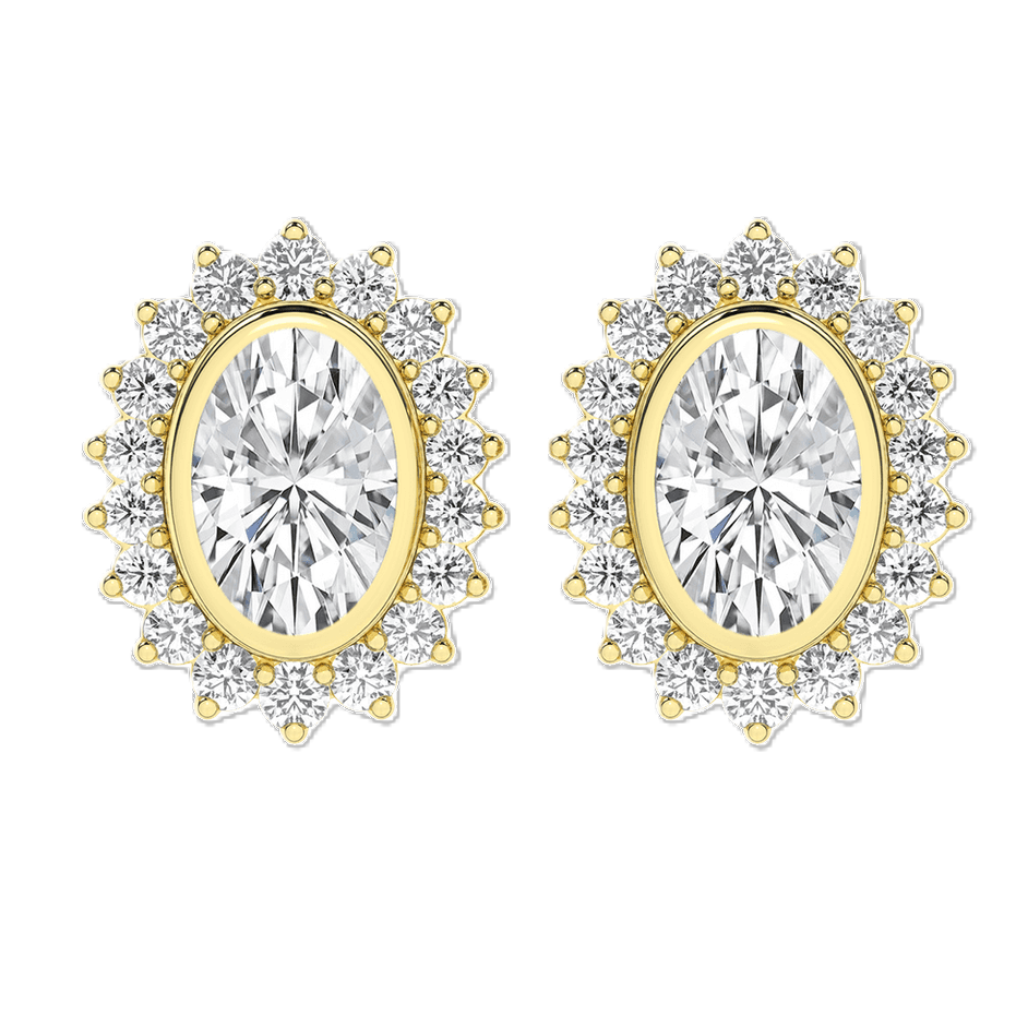 SUPER MAN MADE CREATED 2.66CTW OVAL HALO EARRINGS CONTAINING: 2 OVAL BEZEL-SET CENTER DIAMONDS 2.10CTW F VS + 36 ROUND PRONG-SET HALO DIAMONDS .56CTW 14KY