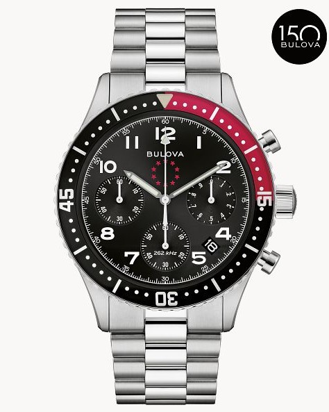 BULOVA GTS ROUND BLACK DIAL CHRONOGRAPH WATCH BLACK/RED BEZEL LINK BRACELET STAINLESS