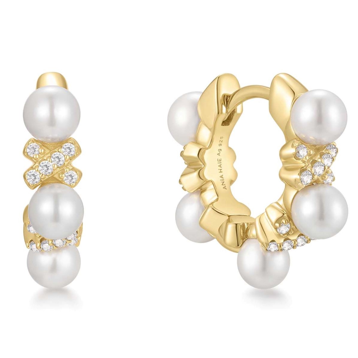 ANIA HAIE SPARKLING BRAIDED SHELL PEARL GOLD TONE HUGGIE HOOP EARRINGS