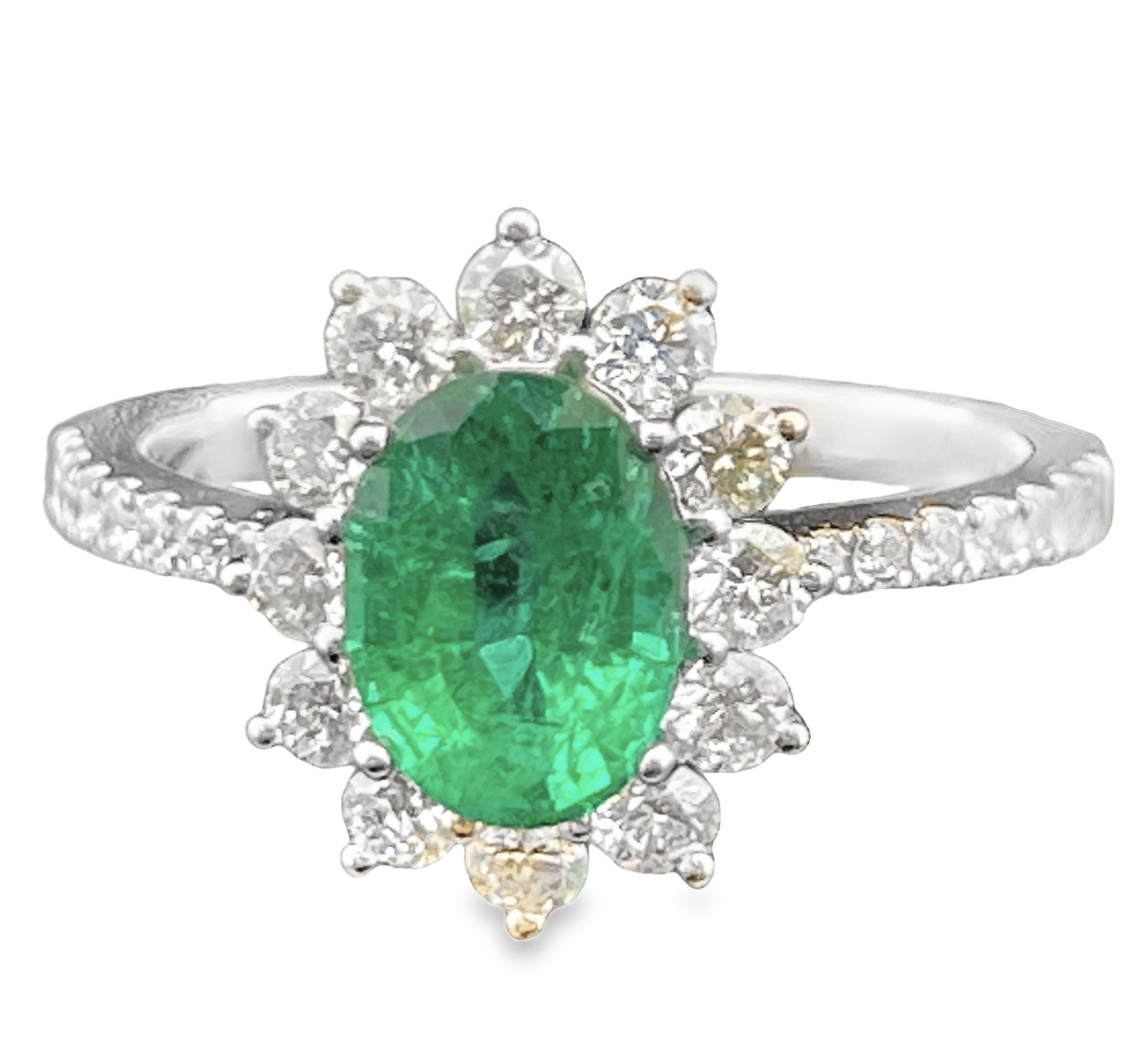 1.80TGW EMERALD AND DIAMOND OVAL HALO RING CONTAINING: 1.19CT OVAL EMERALD CENTER + 26 ROUND HALO DIAMONDS .61TDW 18KW