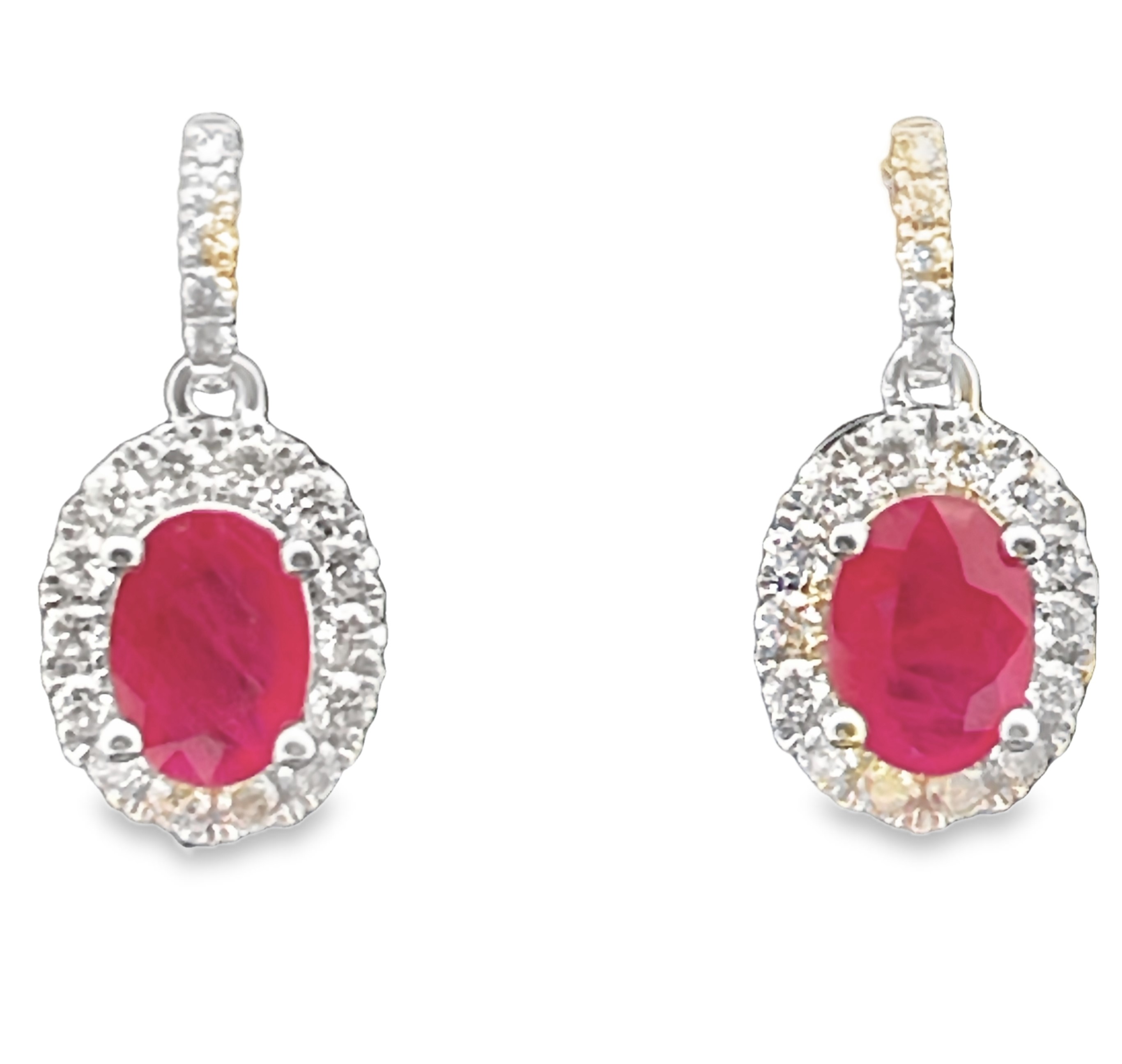 1.97TGW RUBY AND DIAMOND HALO EARRINGS CONTAINING: 2 OVAL RUBIES 1.52CTW + 38 ROUND DIAMONDS .45TDW 14KW