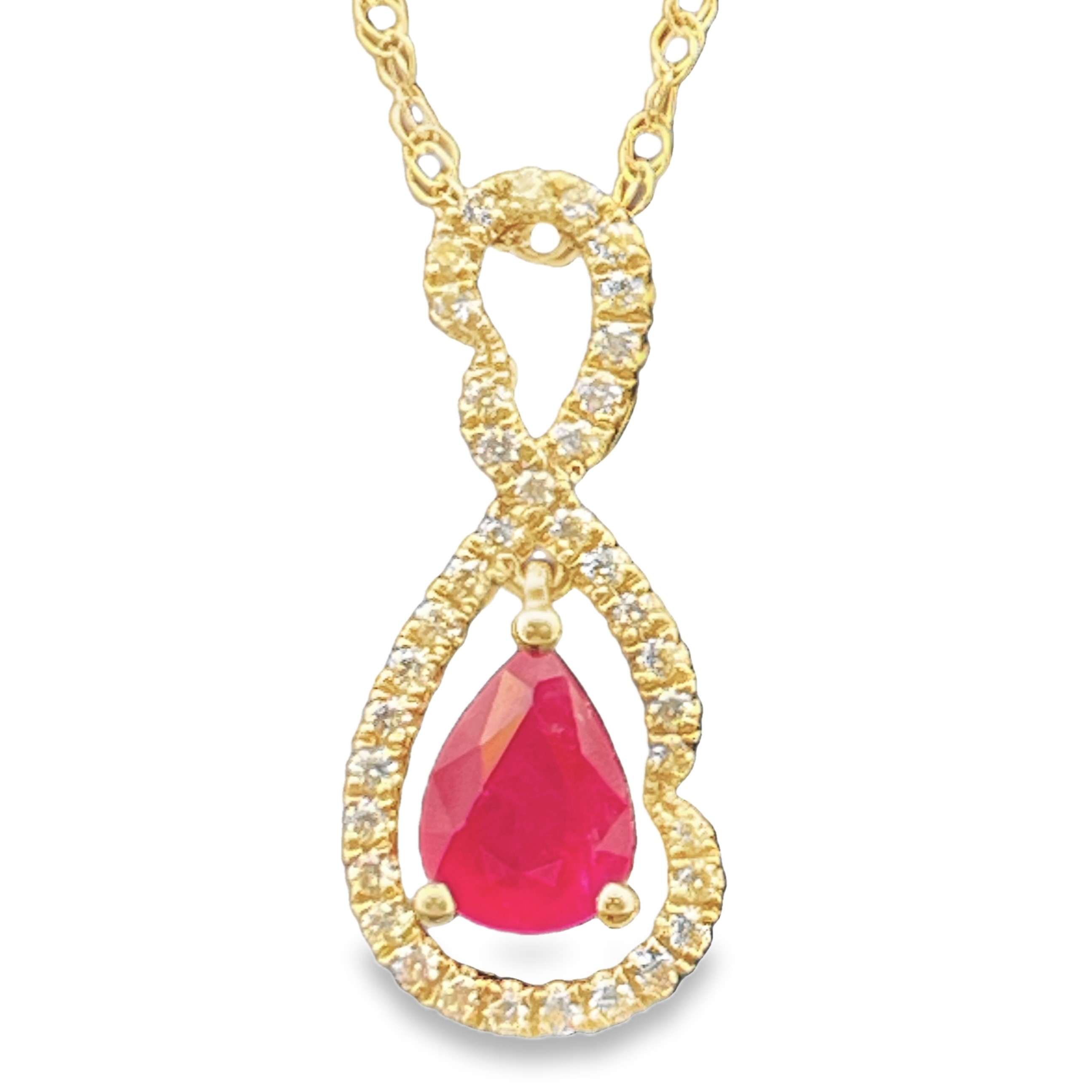 1.02TGW RUBY AND DIAMOND TEARDROP HALO PENDANT/CHAIN CONTAINING: .84CT PEAR-SHAPE RUBY CENTER + 37 ROUND DIAMONDS .18TDW 14KY GEM J CHAIN