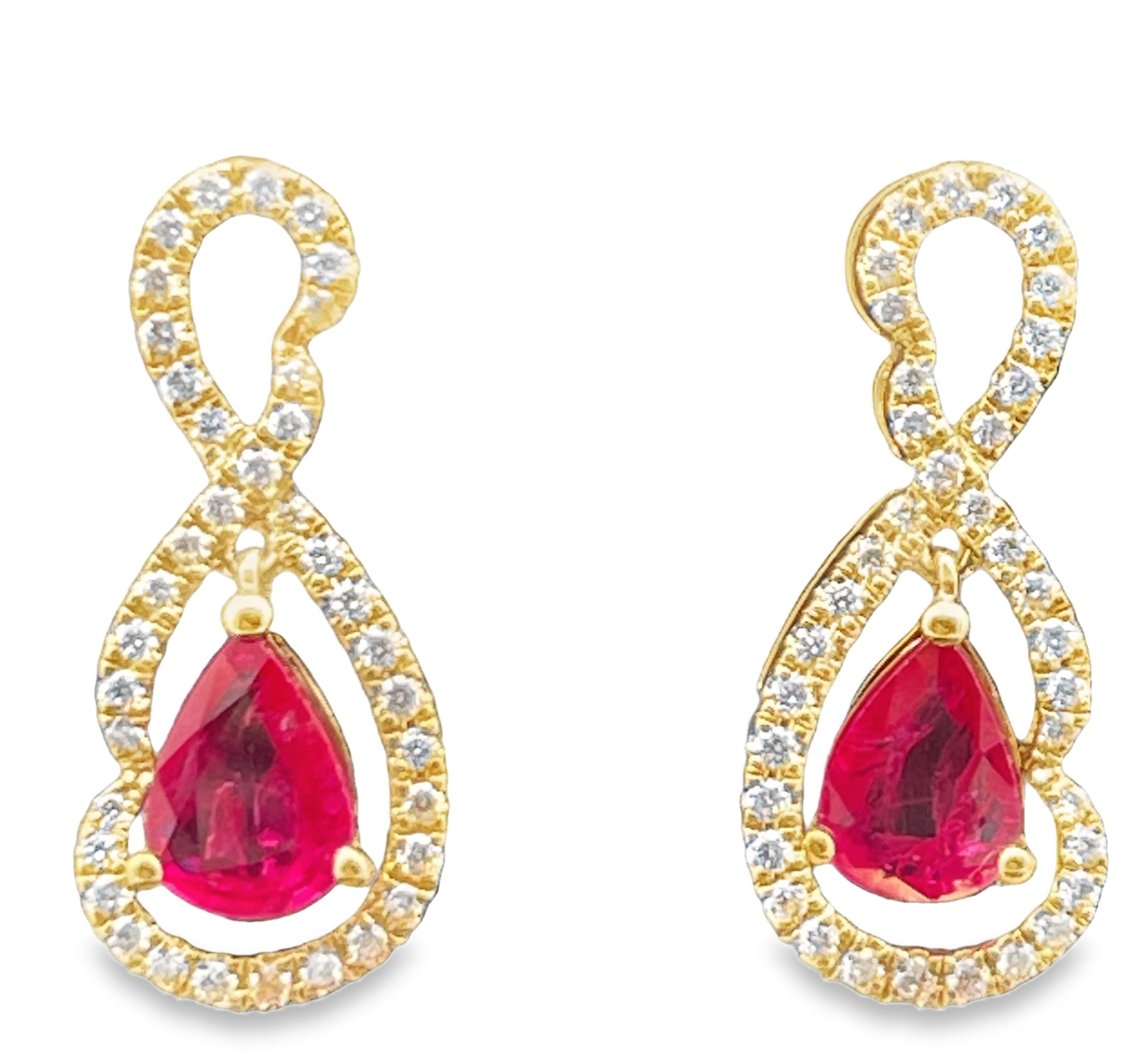 1.89TGW RUBY AND DIAMOND TEARDROP HALO EARRINGS CONTAINING: 2 PEAR SHAPE RUBIES 1.55CTW + 74 ROUND DIAMONDS .34TDW 14KY