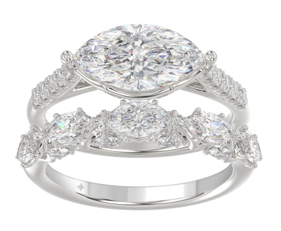 SUPER MAN MADE CREATED 3.50CTW 2PC WEDDING SET CONTAINING: 2.00CT E/W MARQUISE CENTER DIAMOND + 16 ROUND DIAMOND RING SEMI MOUNTING  + 8 ROUND +5 MARQUISE DIAMONDS BAND F-G VS1-VS2 14KW