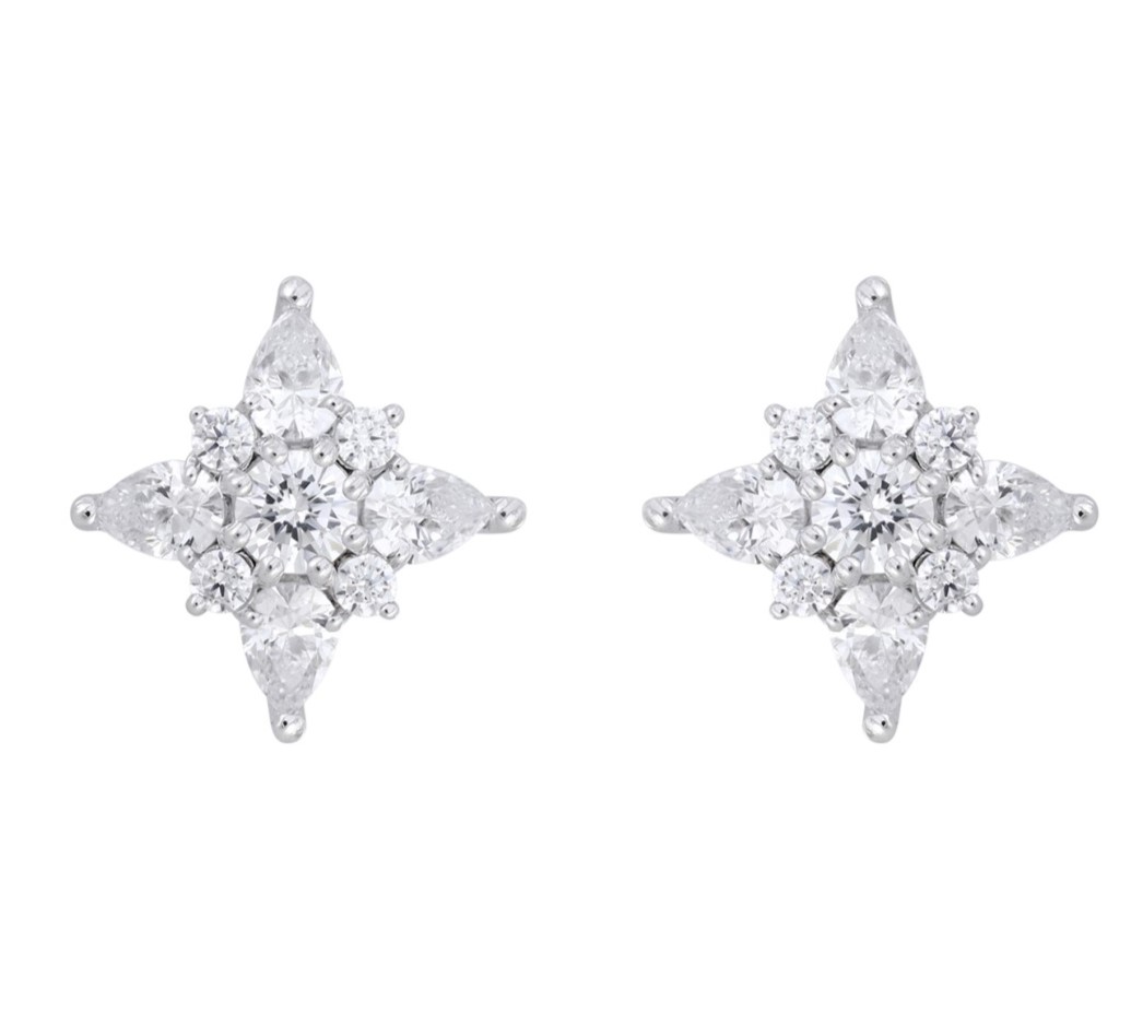SUPER MAN MADE CREATED 1.00CTW STAR CLUSTER STUD EARRINGS CONTAINING: 8 PEAR SHAPE DIAMONDS + 10 ROUND DIAMONDS F-G VS1-VS2 14KW