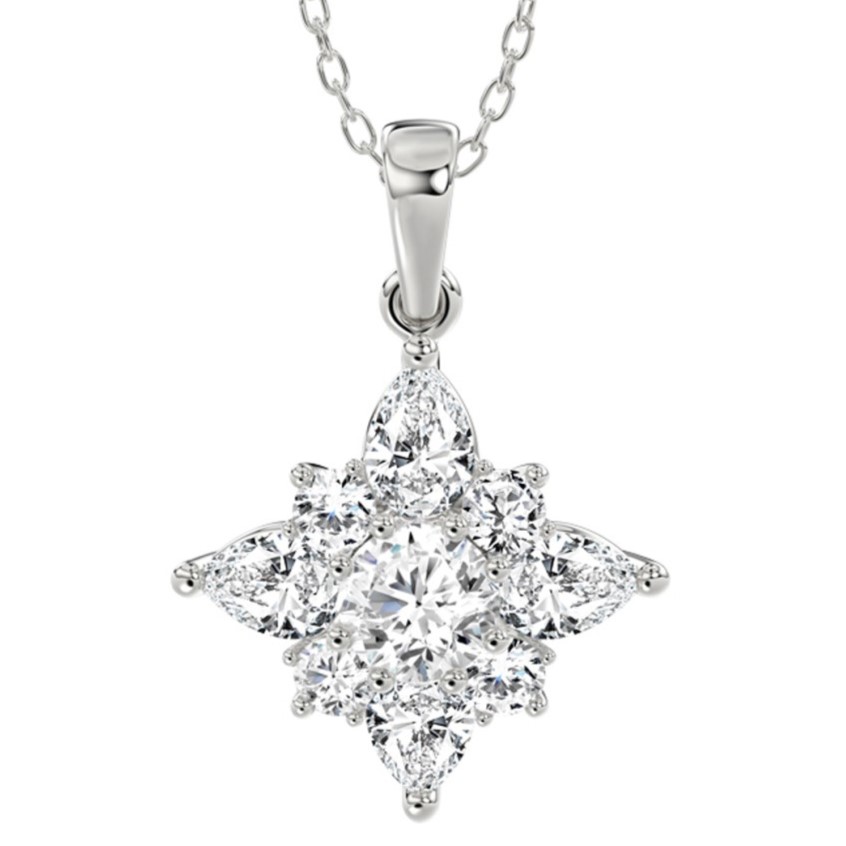 SUPER MAN MADE CREATED 1.00CTW DIAMOND STAR CLUSTER PENDANT/CHAIN CONTAINING: 4 PEAR SHAPE DIAMONDS + 5 ROUND DIAMONDS F-G VS1-VS2 14KW CHAIN INCLUDED