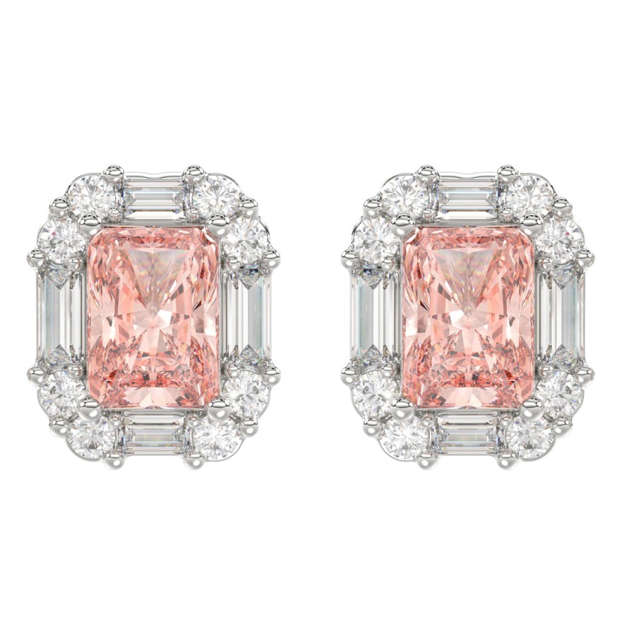 SUPER MAN MADE CREATED 1.33CTW DIAMOND HALO RECTANGULAR STUD EARRINGS CONTAINING: 2 RADIANT-CUT PINK DIAMONDS + 16 ROUND + 8 BAGUETTE WHITE DIAMONDS  F VS2 +2 ROUND YELLOW DIAMONDS 14KWY/18KY
