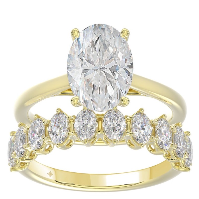 SUPER MAN MADE CREATED 4.55CTW DIAMOND 2PC WEDDING SET CONTAINING: 3.00CT OVAL DIAMOND CENTER  + 10 ROUND DIAMOND HIDDEN-HALO ENGAGEMENT RING SEMI MOUNTING + 10 OVAL DIAMOND BAND 1.55CTW F-G VS1-VS2 14KY