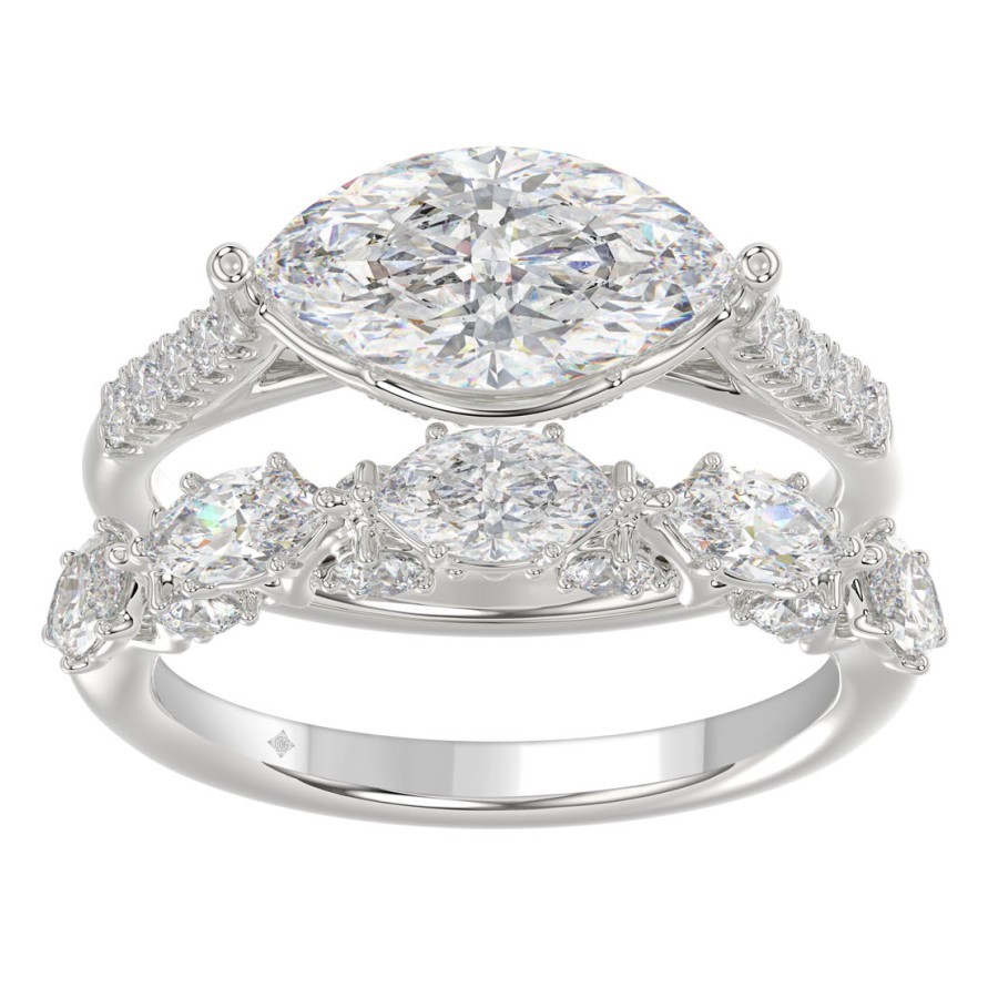 SUPER MAN MADE CREATED 3.50CTW 2PC WEDDING SET CONTAINING:  2.00CT E/W SET MARQUISE DIAMOND CENTER + 16 ROUND DIAMOND ENGAGEMENT RING SEMI MOUNTING + 8 ROUND + 5 MARQUISE DIAMOND BAND 1.50CTW F-G VS1-VS2 14KW