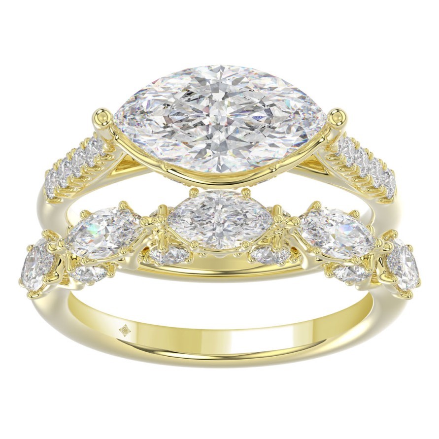 SUPER MAN MADE CREATED 3.50CTW DIAMOND 2PC WEDDING SET CONTAINING: 2.00CT E/W SET MARQUISE DIAMOND CENTER + 16 ROUND DIAMONDS ENGAGEMENT RING SEMI MOUNTING + 8 ROUND +5 MARQUISE DIAMONDS WEDDING BAND 1.50CTW F-G VS1-VS2 14KY