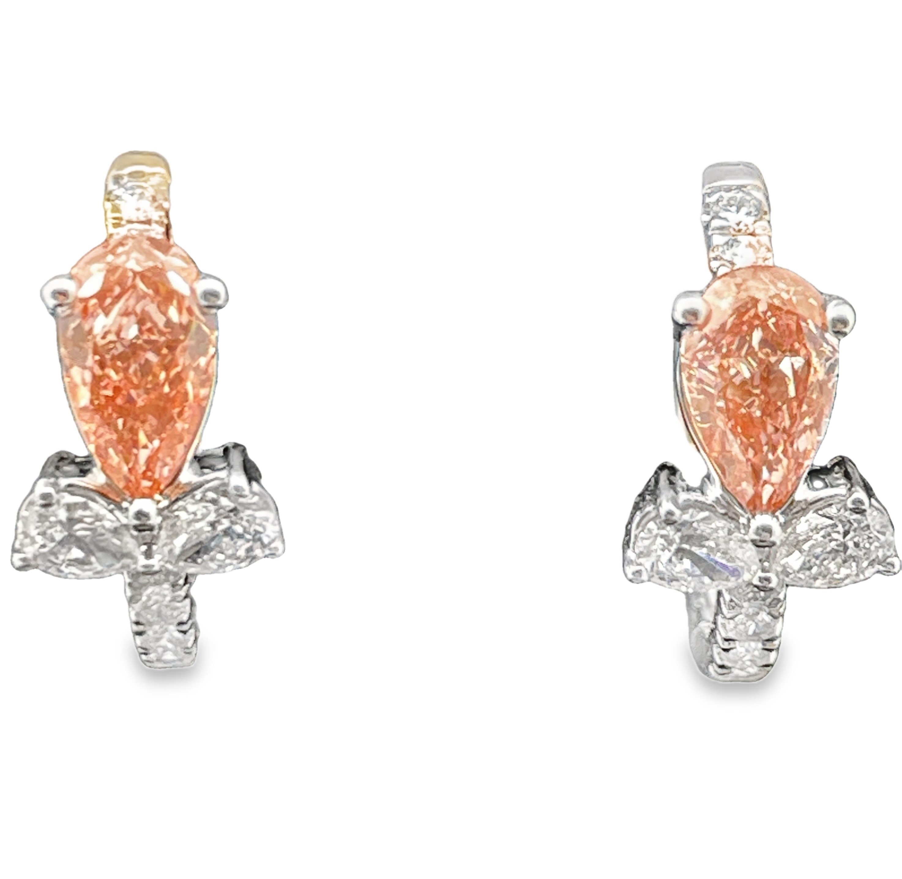 SUPER MAN MADE CREATED 1.50CTW DIAMOND SMALL HOOP EARRINGS CONTAINING: 2 PEAR SHAPE PINK DIAMONDS + 4 PEAR SHAPE + 12 ROUND WHITE DIAMONDS F VS1-VS2 14KW