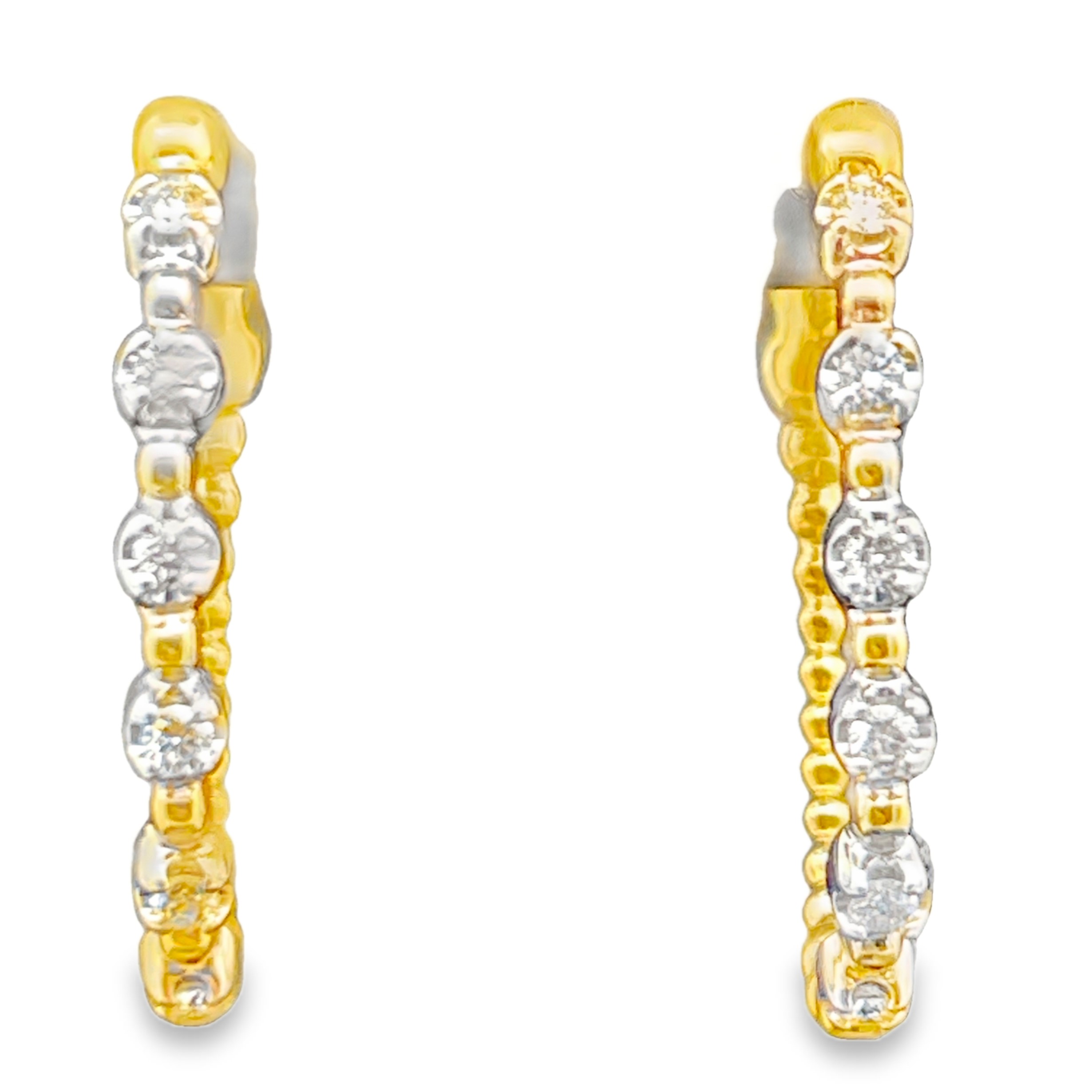 .22CTW 12 ROUND DIAMOND OVAL BEADED HOOP EARRINGS 14KYW