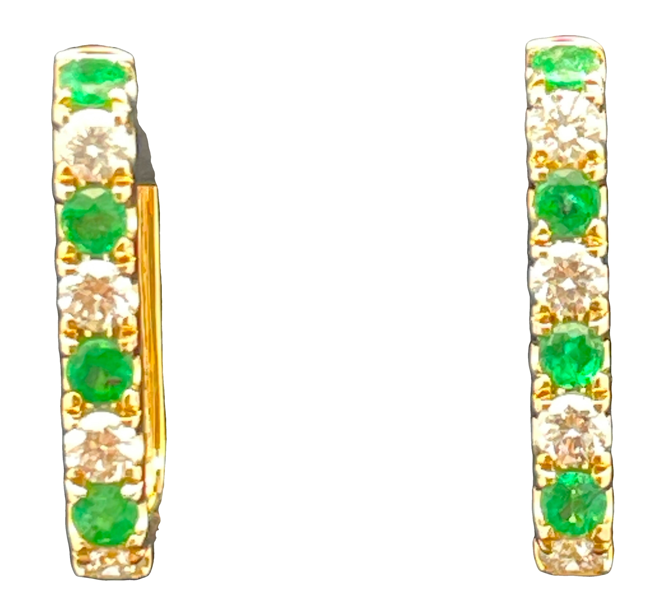 .98TGW EMERALD AND DIAMOND RECTANGULAR HOOP EARRINGS CONTAINING: 8 ROUND EMERALDS .45CTW + 8 ROUND DIAMONDS .53TDW 14KY