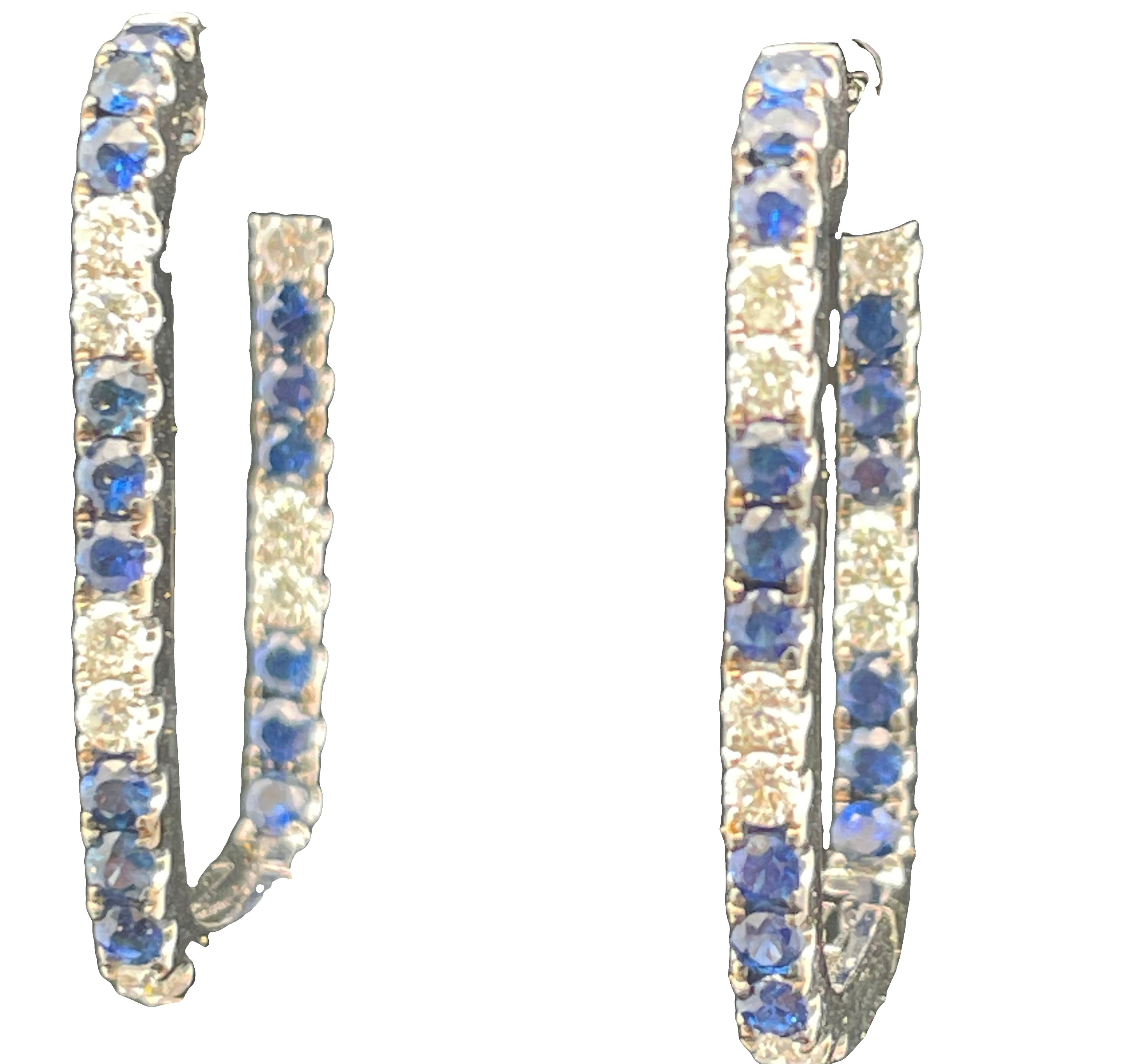 1.50TGW SAPPHIRE + DIAMOND RECTANGULAR INSIDE-OUTSIDE HOOP EARRINGS CONTAINING: 30 ROUND BLUE SAPPHIRES 1.00CTW + 20 ROUND DIAMONDS .50TDW 14KY