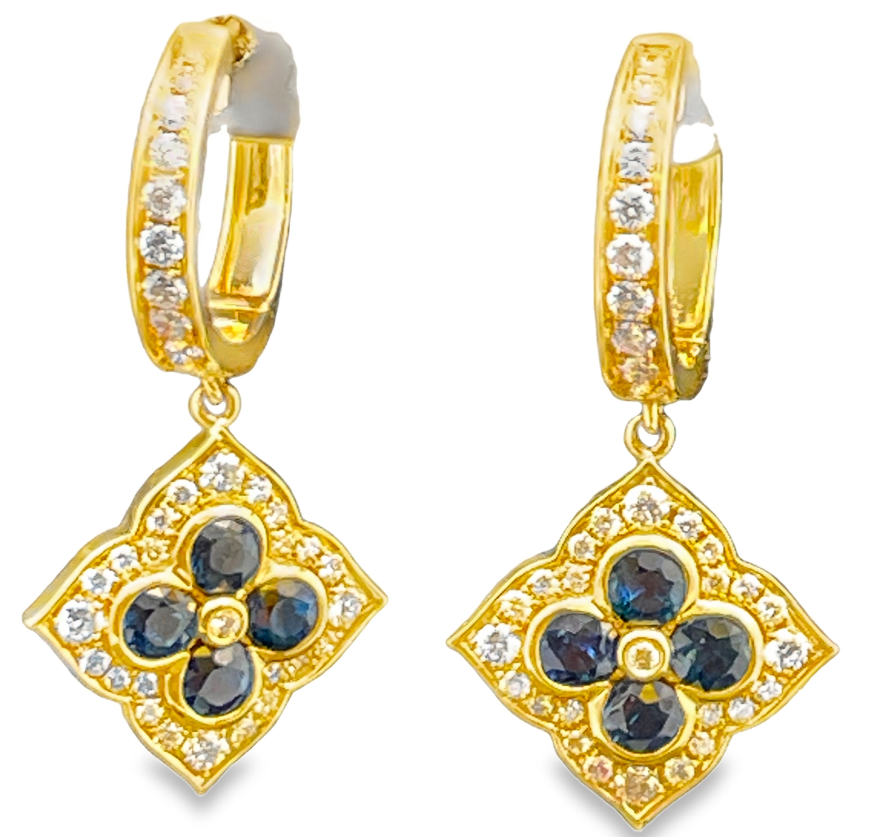 2.09TGW SAPPHIRE + DIAMOND OFF-SET SQUARE DANGLE EARRINGS CONTAINING: 8 ROUND BLUE SAPPHIRES 1.37CTW + 70 ROUND DIAMONDS .72TDW 14KY