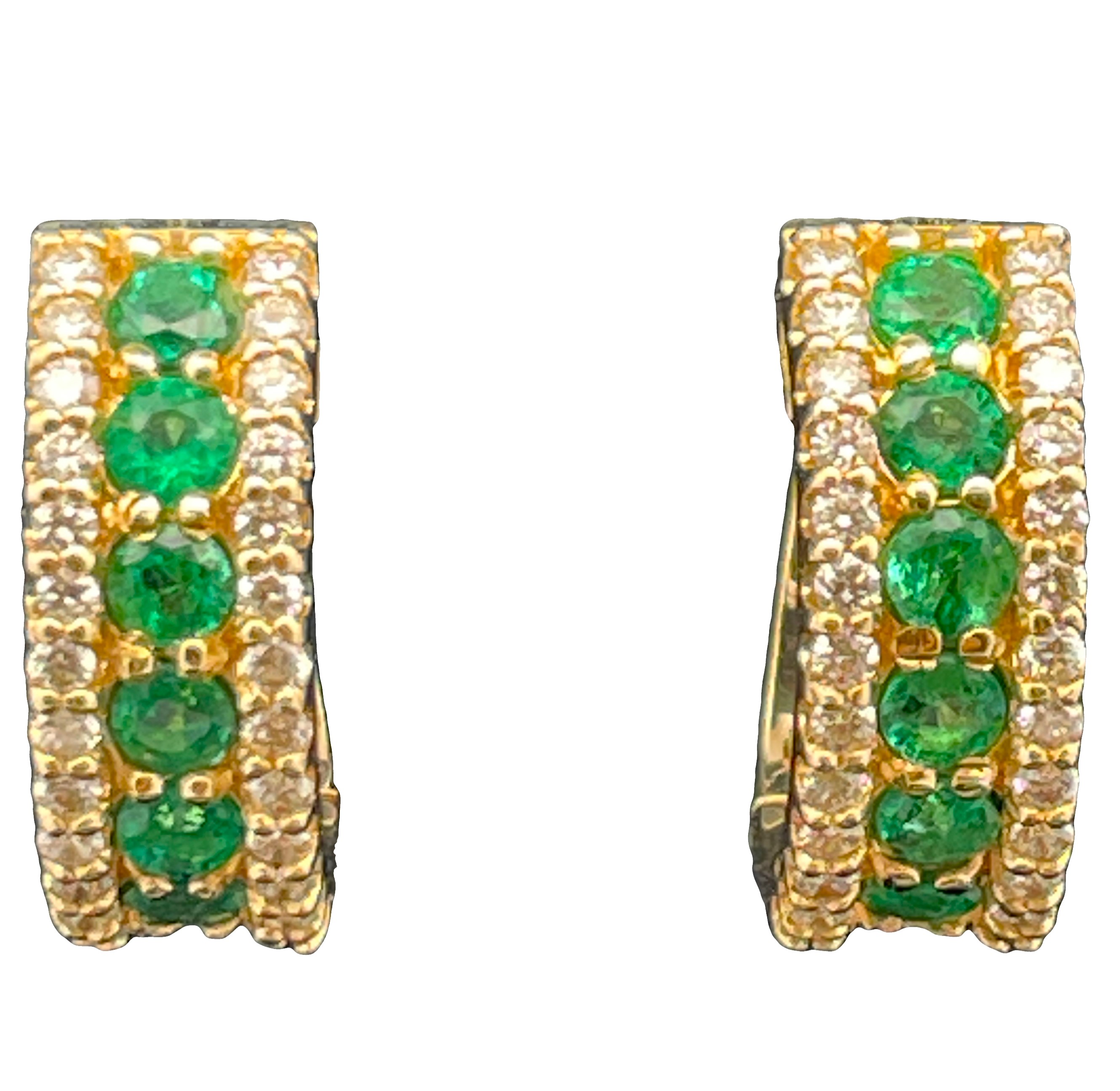 1.83TGW EMERALD AND DIAMOND DOUBLE-EDGE OVAL HOOP EARRINGS CONTAINING: 12 ROUND CENTER EMERALDS 1.15CTW + 52 ROUND DIAMONDS .68TDW 14KY