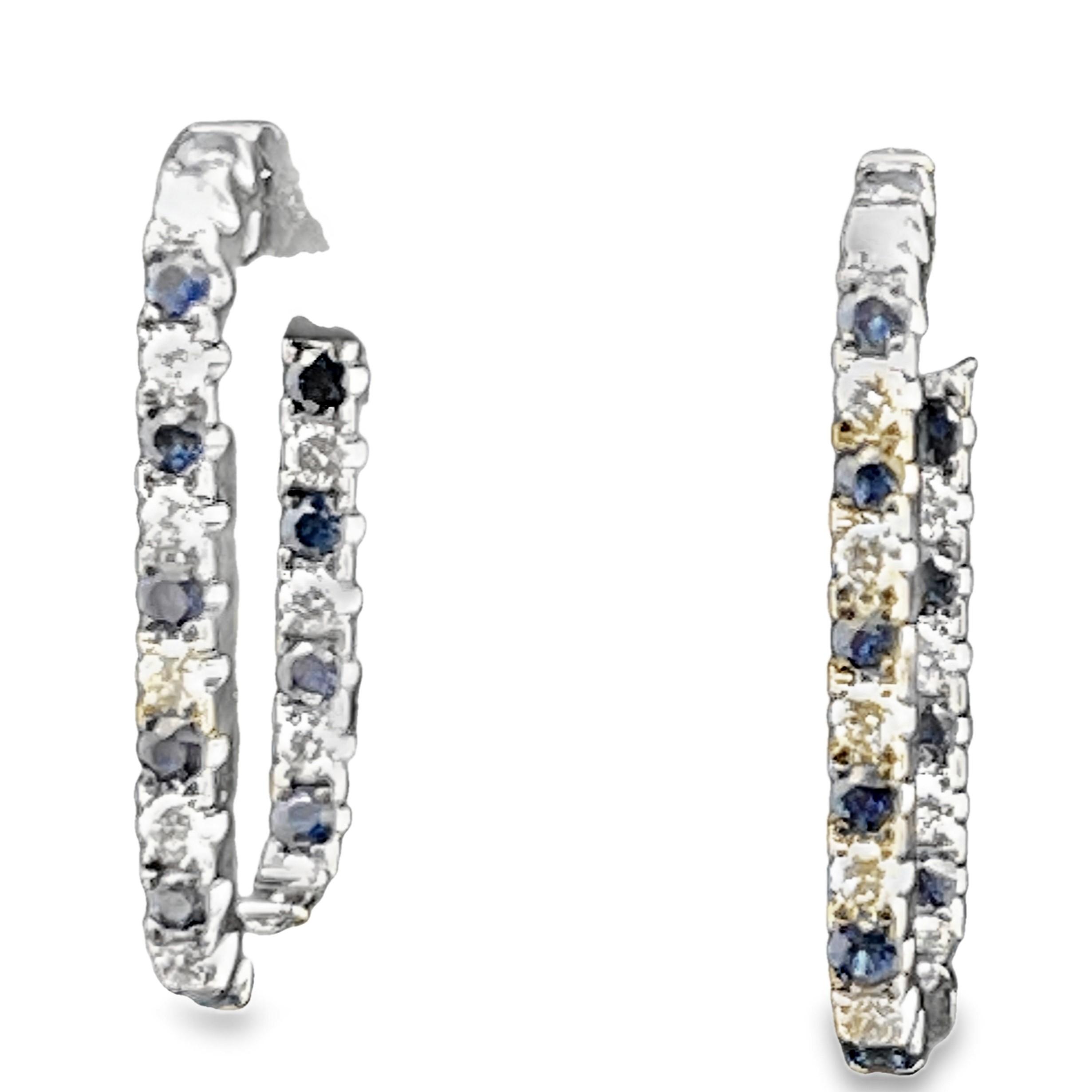 1.01TGW SAPPHIRE AND DIAMOND RECTANGULAR INSIDE-OUTSIDE HOOP EARRINGS CONTAINING: 22 ROUND BLUE SAPPHIRES .65CTW + 20 ROUND DIAMONDS .36TDW 14KW
