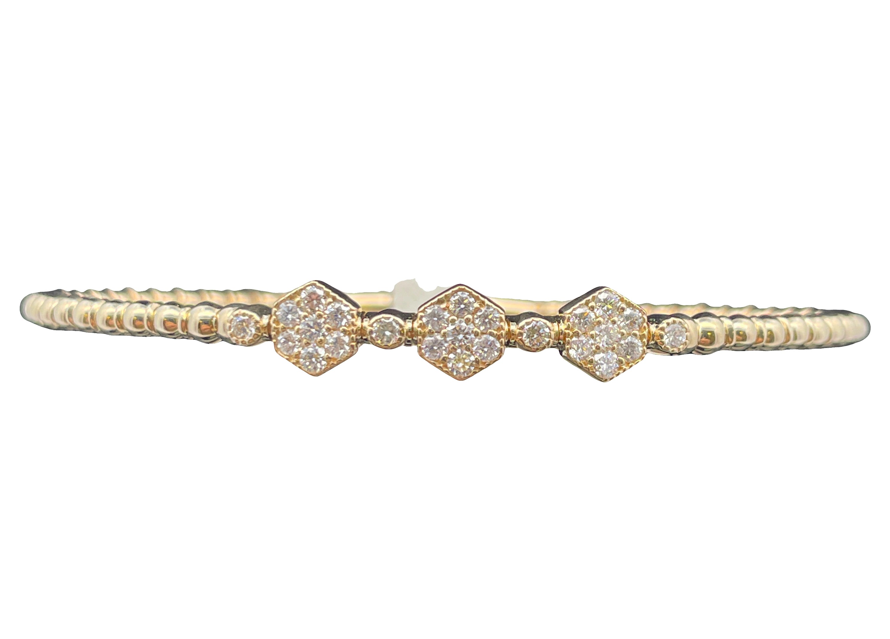 .60CTW DIAMOND TRIPLE-CLUSTER STATIONS FLEX BANGLE CONTAINING: 25 ROUND DIAMONDS 14KY