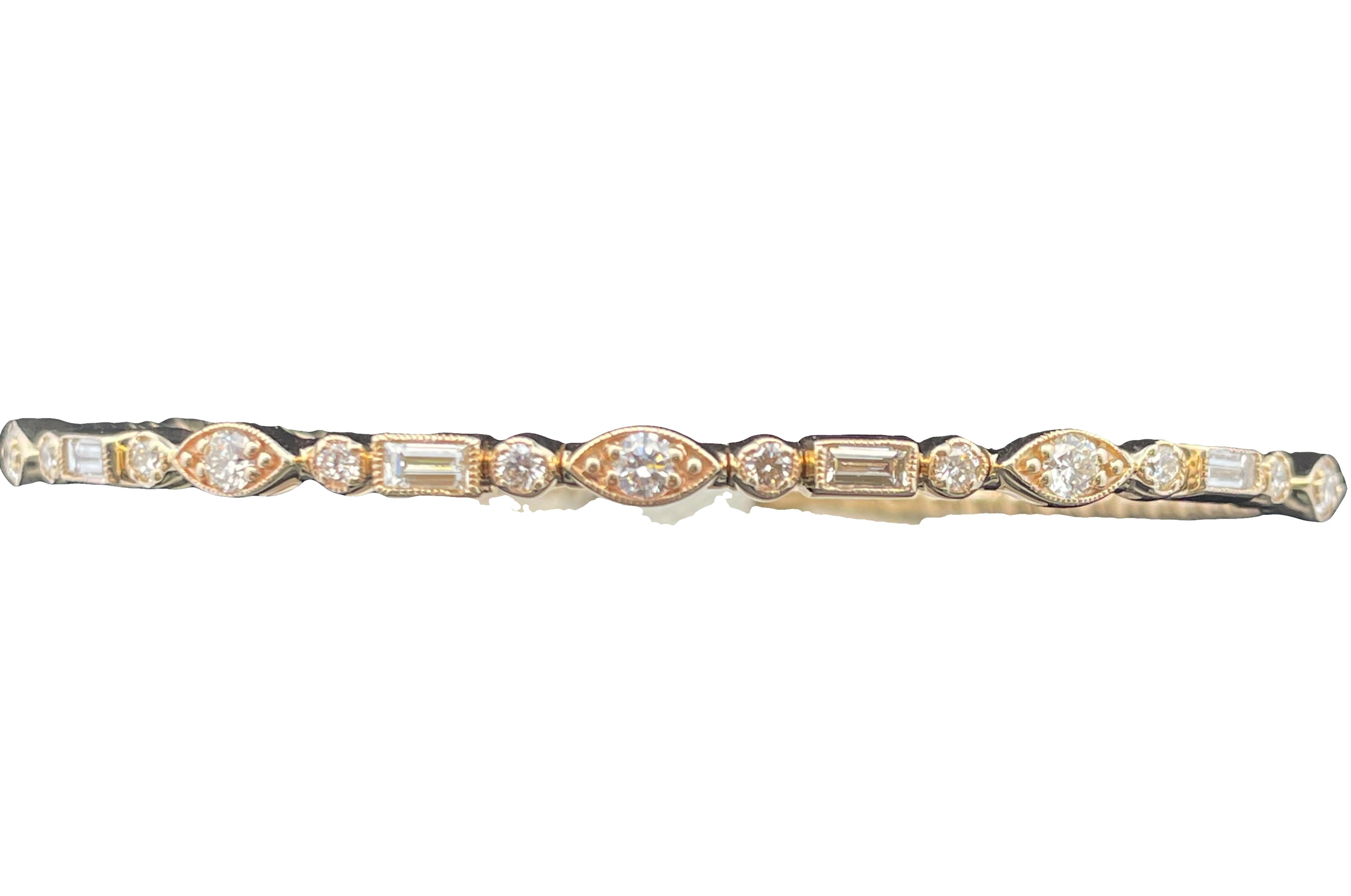 1.05CTW DIAMOND FLEX BANGLE WITH ROUND/MARQUISE/RECTANGULAR STATIONS CONTAINING: 15 ROUND DIAMONDS .70CTW + 4 BAGUETTE DIAMONDS .35CTW 14KY