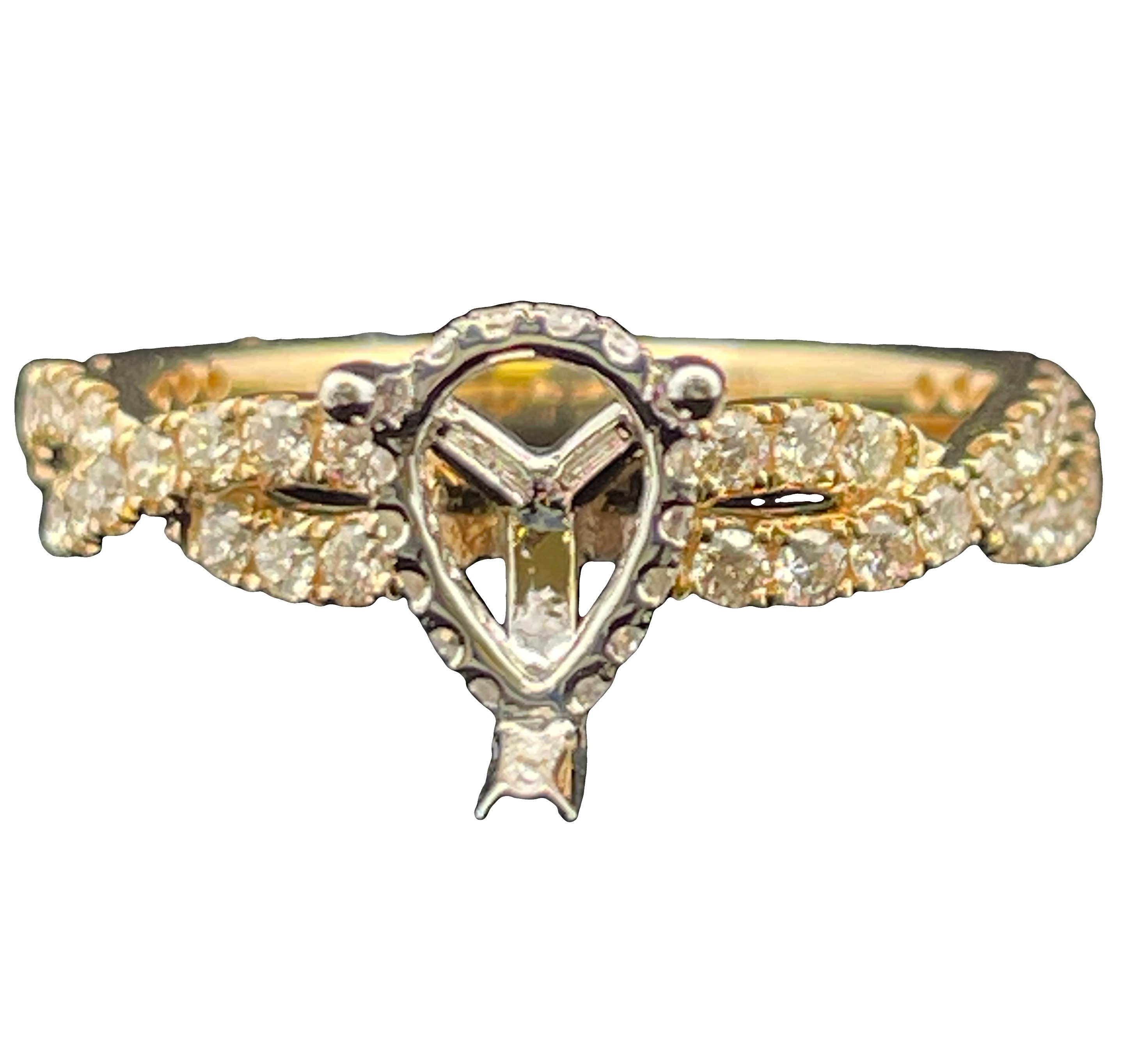 .52CTW DIAMOND CROSSOVER SHANK ENGAGEMENT RING SEMI MOUNTING FOR PEAR-SHAPE CENTER CONTAINING: 62 ROUND DIAMONDS 14KYW