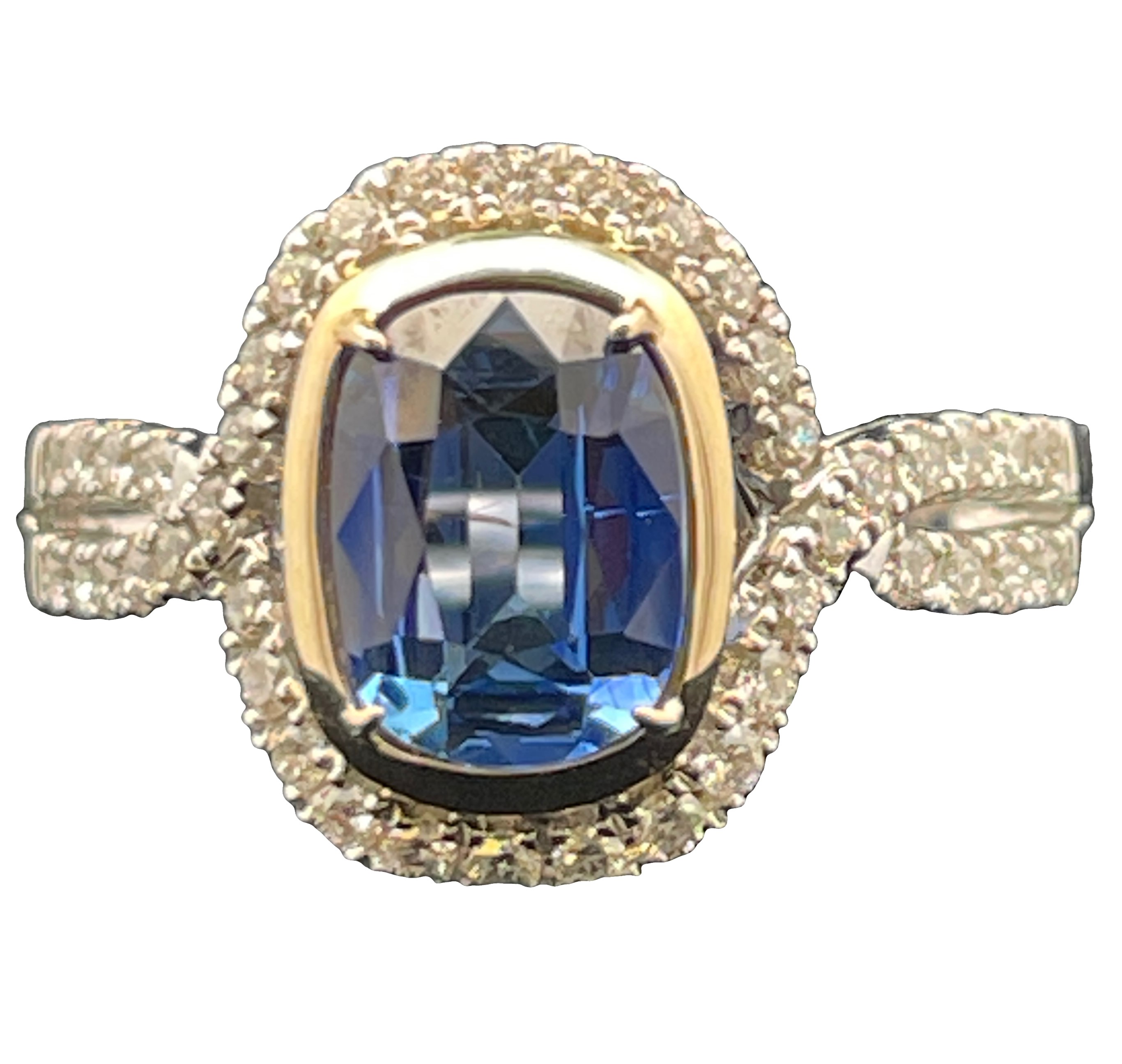2.05TGW BEZEL-SET SAPPHIRE CENTER + DIAMOND HALO RING CONTAINING: 1.69CT CUSHION BLUE SAPPHIRE CENTER + 42 ROUND PRONG-SET DIAMONDS .36TDW 14KWY