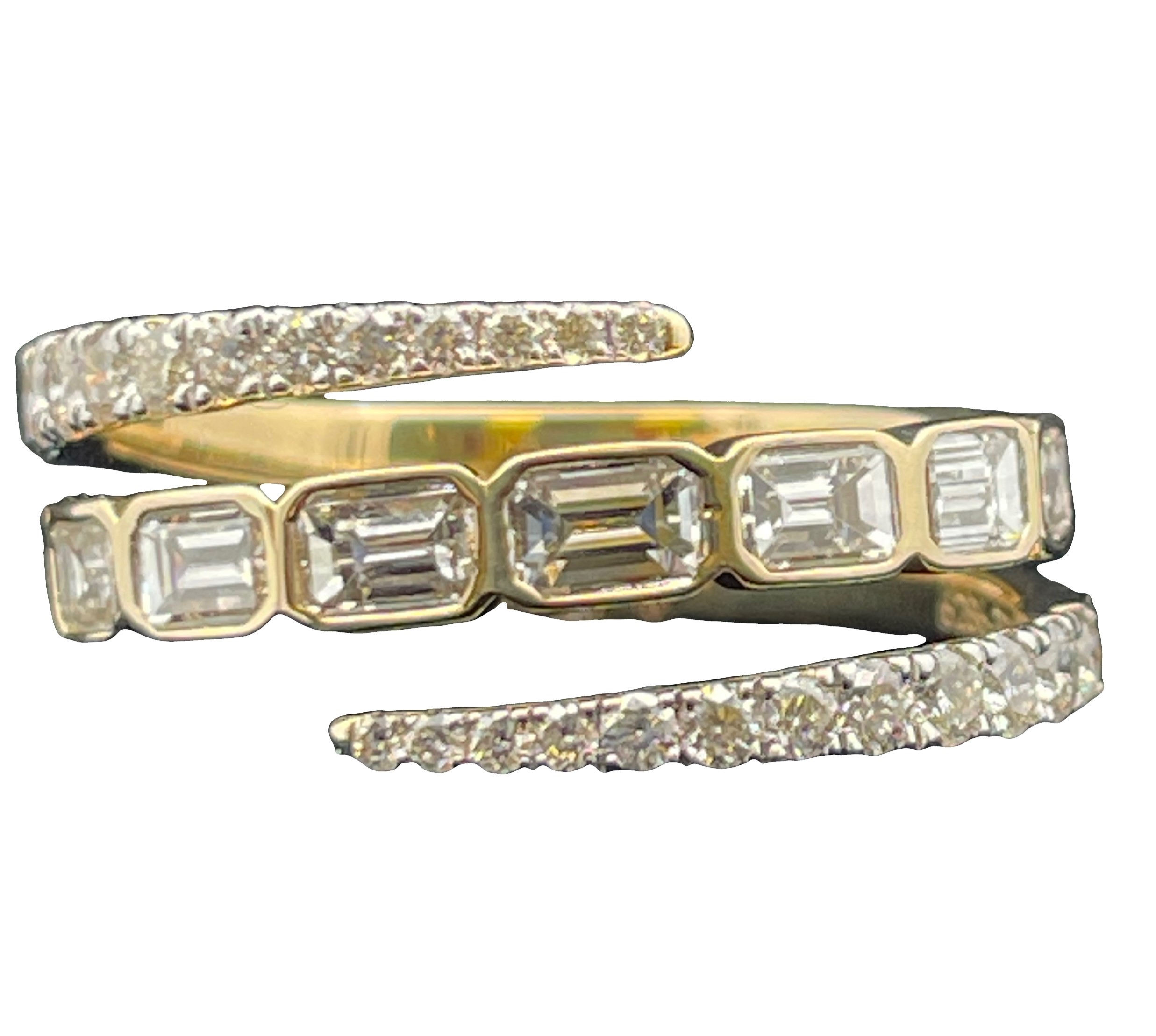 1.26CTW LDS DIAMOND "COIL" RING CONTAINING: 8 CENTER BEZEL-SET BAGUETTE DIAMONDS .818CTW + 24 ROUND DIAMONDS .451CTW 14KY