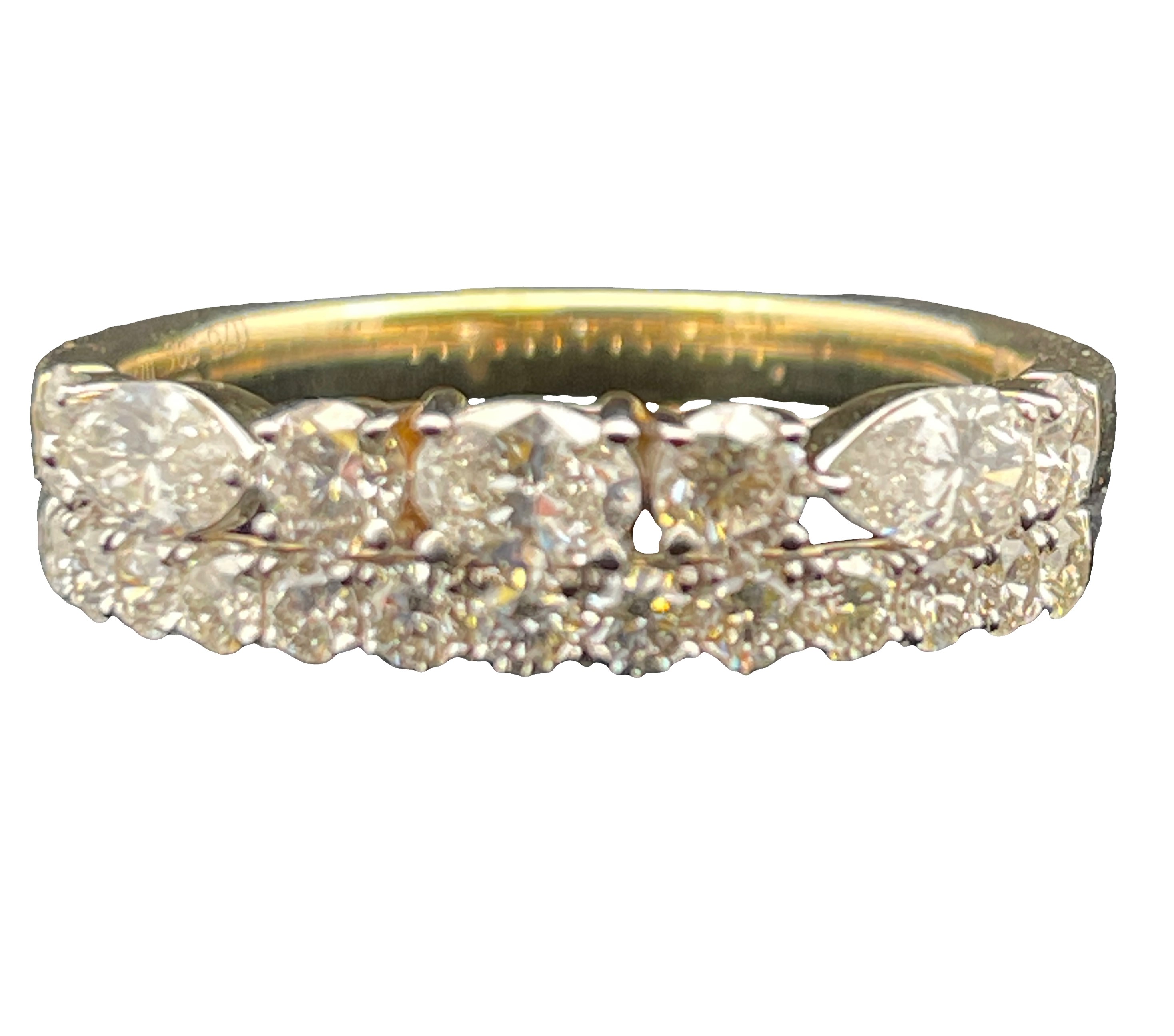 1.13CTW LDS 2-ROW DIAMOND BAND RING CONTAINING: 17 ROUND DIAMONDS .723CTW + .158CT MARQUISE DIAMOND + .15CT OVAL DIAMOND + .10CT PEAR SHAPE DIAMOND 14KYW