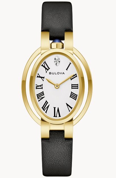 BULOVA LDS OVAL WHITE ROMAN DIAL WATCH BLACK STRAP GOLD TONE