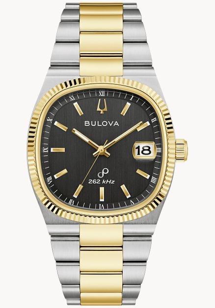 BULOVA SUPER SEVILLE GENTS CUSHION SHAPE BLACK DIAL FLUTED BEZEL TT LINK BRACELET STAINLESS/GOLD TONE