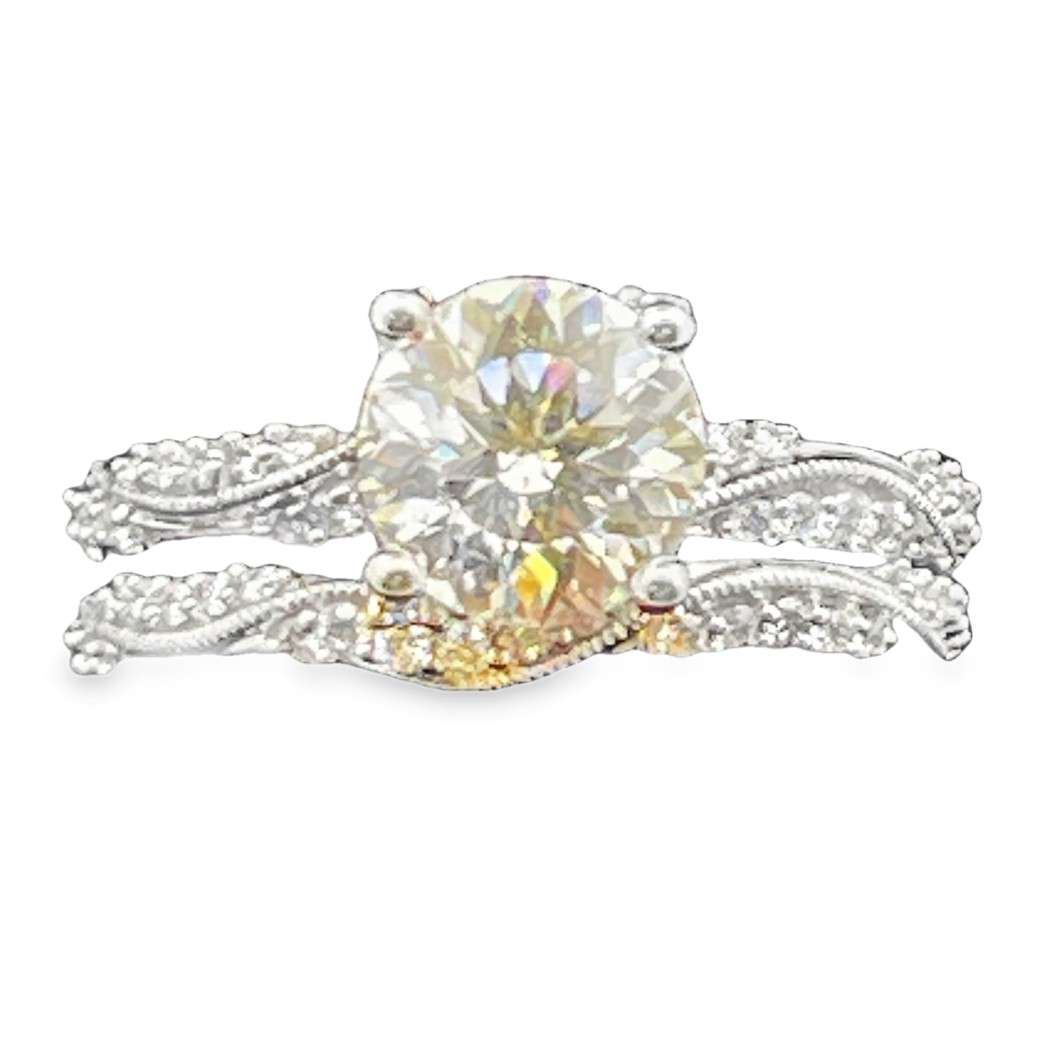 SUPER MAN MADE CREATED 2.27CTW 2PC WEDDING SET CONTAINING: 1.79CT ROUND DIAMOND CENTER E VVS2 IGI LG670437610 + 40 ROUND DIAMOND ENGAGEMENT RING SEMI MOUNTING + 25 ROUND DIAMOND BAND .48CTW F VS2 14KW