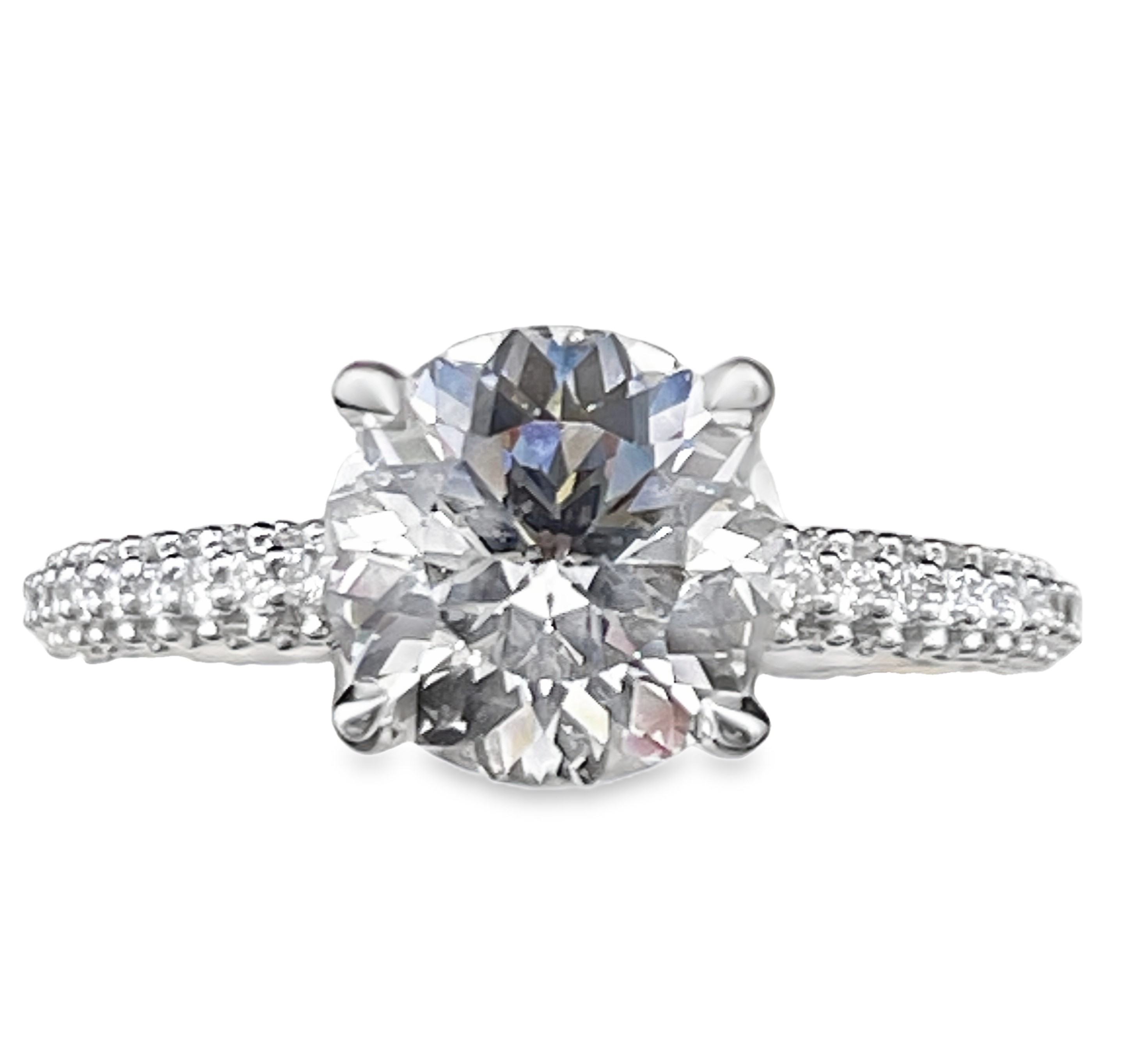 SUPER MAN MADE CREATED 2.78CTW ENGAGEMENT RING WITH DIAMONDS ON 3 SIDES CONTAINING: 2.33CT ROUND DIAMOND CENTER D VS1 IGI LG669440962 + 80 ROUND MELEE DIAMONDS .45CTW F VS2 14KW