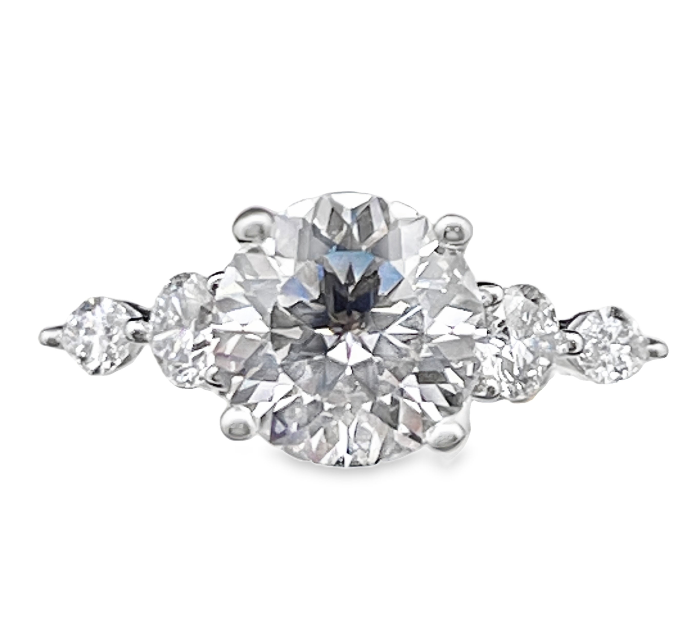 SUPER MAN MADE CREATED 3.69CTW 5-STONE ENGAGEMENT RING CONTAINING: 2.84CT ROUND DIAMOND CENTER E VS2 IGI LG685533736 + 2 MARQUISE DIAMONDS + 18 ROUND DIAMONDS .85CTW F VS2 14KW