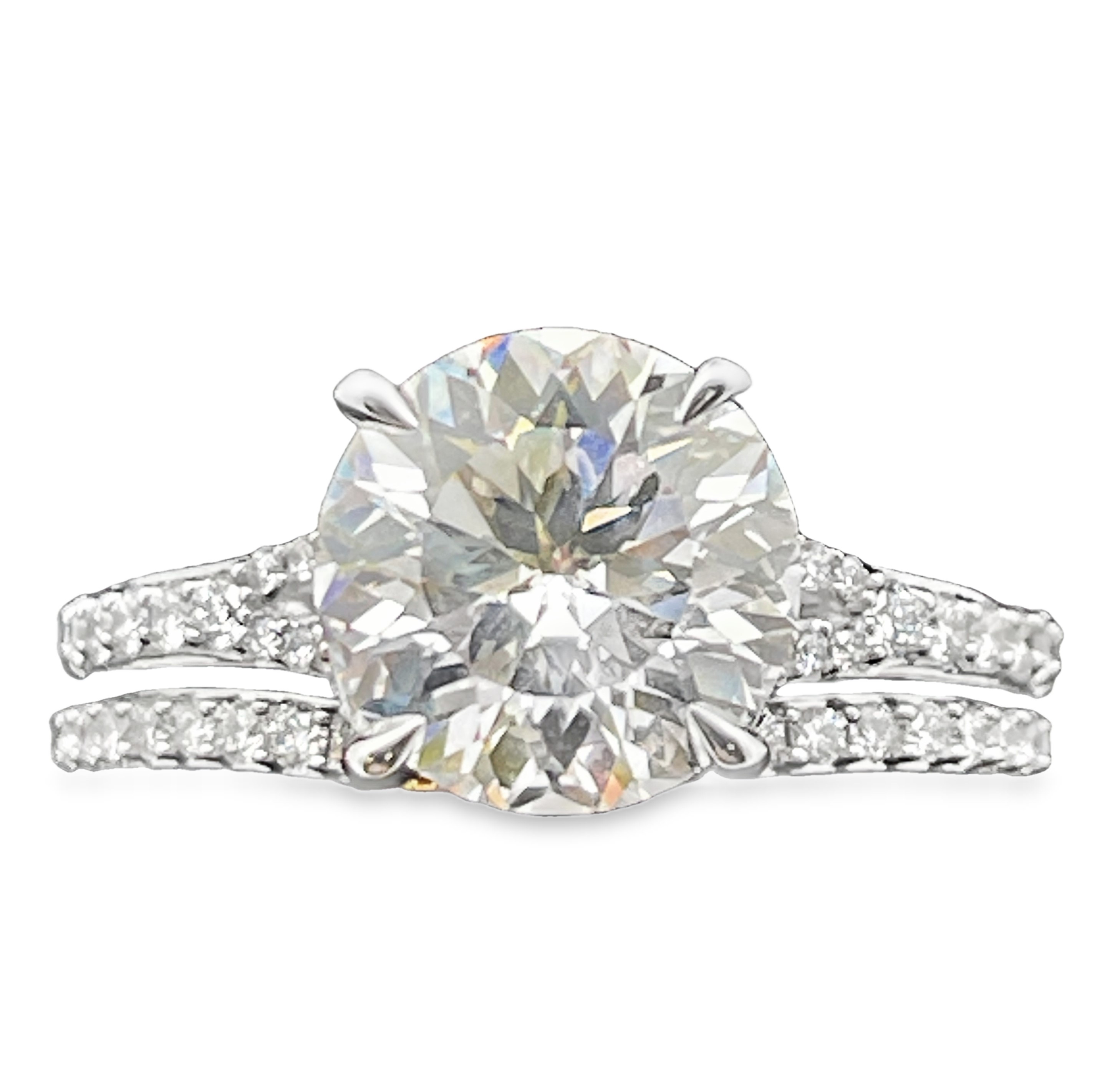 SUPER MAN MADE CREATED 3.29CTW 2PC WEDDING SET CONTAINING: 2.86CT ROUND DIAMOND CENTER E VS2 IGI LG685533765 + 52 ROUND DIAMOND ENGAGEMENT RING SEMI MOUNTING + 20 ROUND DIAMOND BAND .43CTW F VS2 14KW