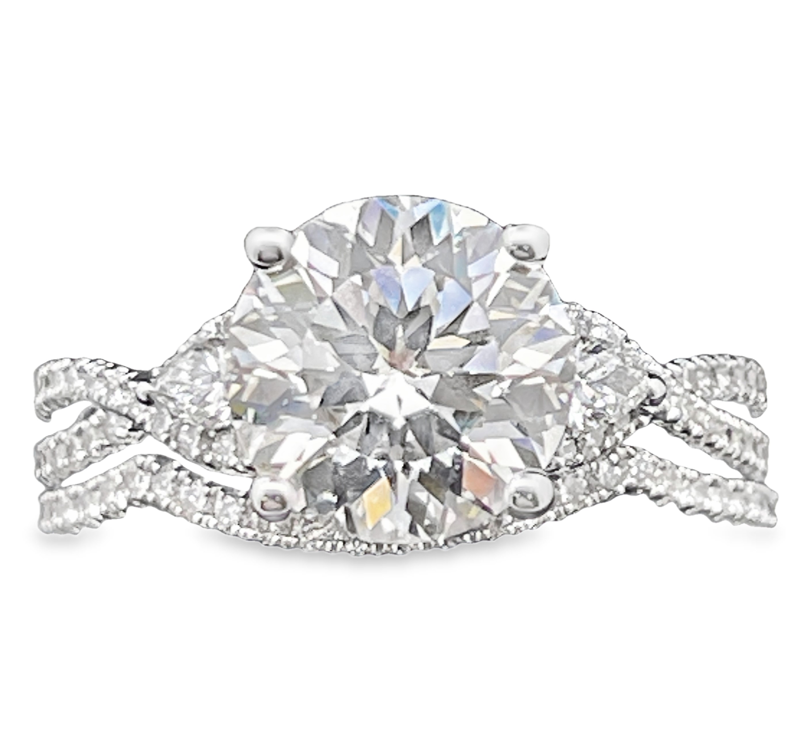 SUPER MAN MADE CREATED 3.48CTW 2PC WEDDING SET CONTAINING: 2.83CT ROUND DIAMOND CENTER E VS1 IGI LG683540169 + 88 ROUND DIAMOND + 2 PEAR SHAPE DIAMOND ENGAGEMENT RING SEMI MOUNTING + 28 ROUND DIAMOND BAND .65CTW 14K