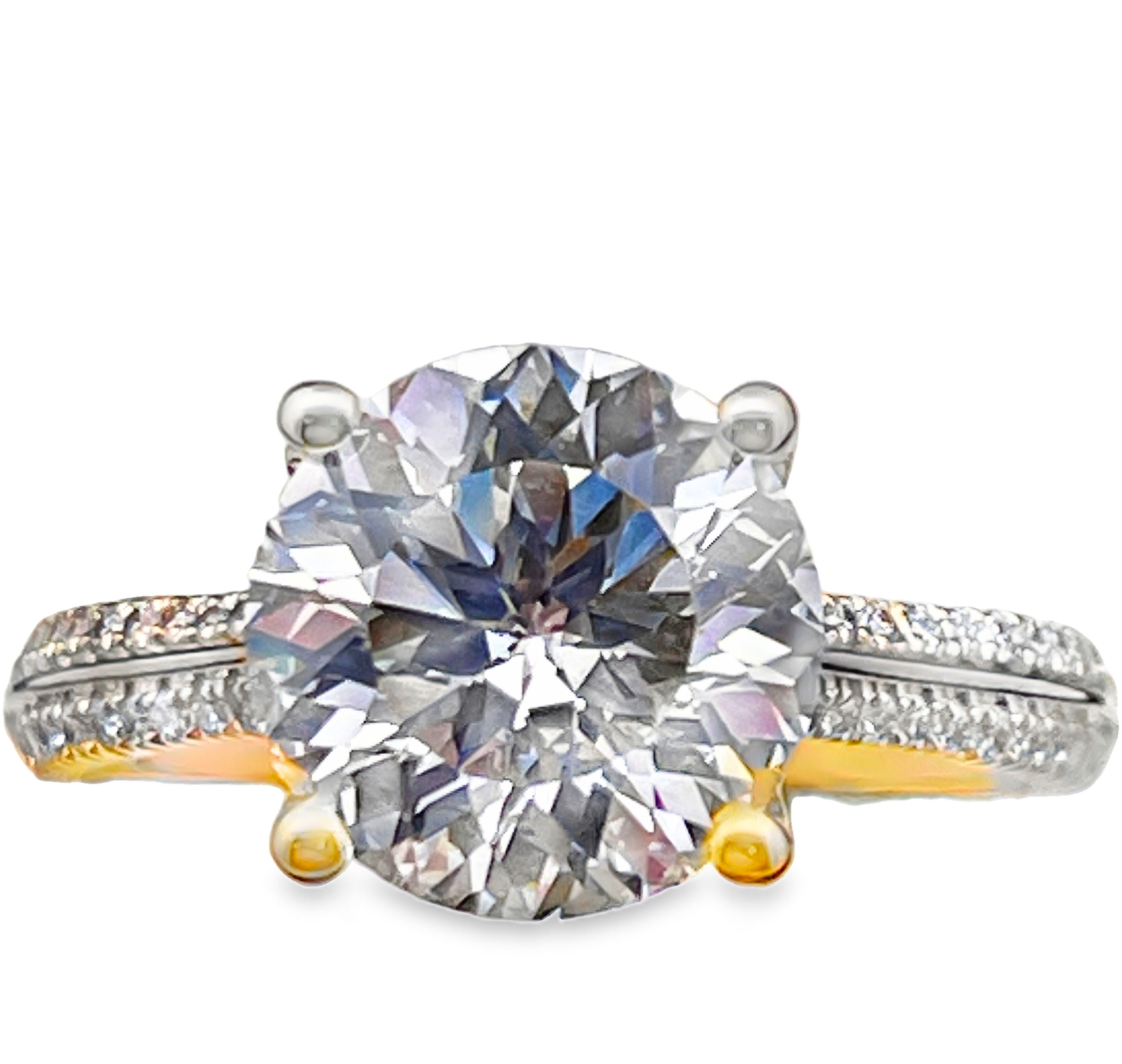 SUPER MAN MADE CREATED 3.70CTW DIAMOND V CROWN ENGAGEMENT RING CONTAINING: 3.43CT ROUND DIAMOND CENTER E VS1 IGI LG685533808 + 62 ROUND MELEE DIAMONDS  .27CTW F VS2 14KY