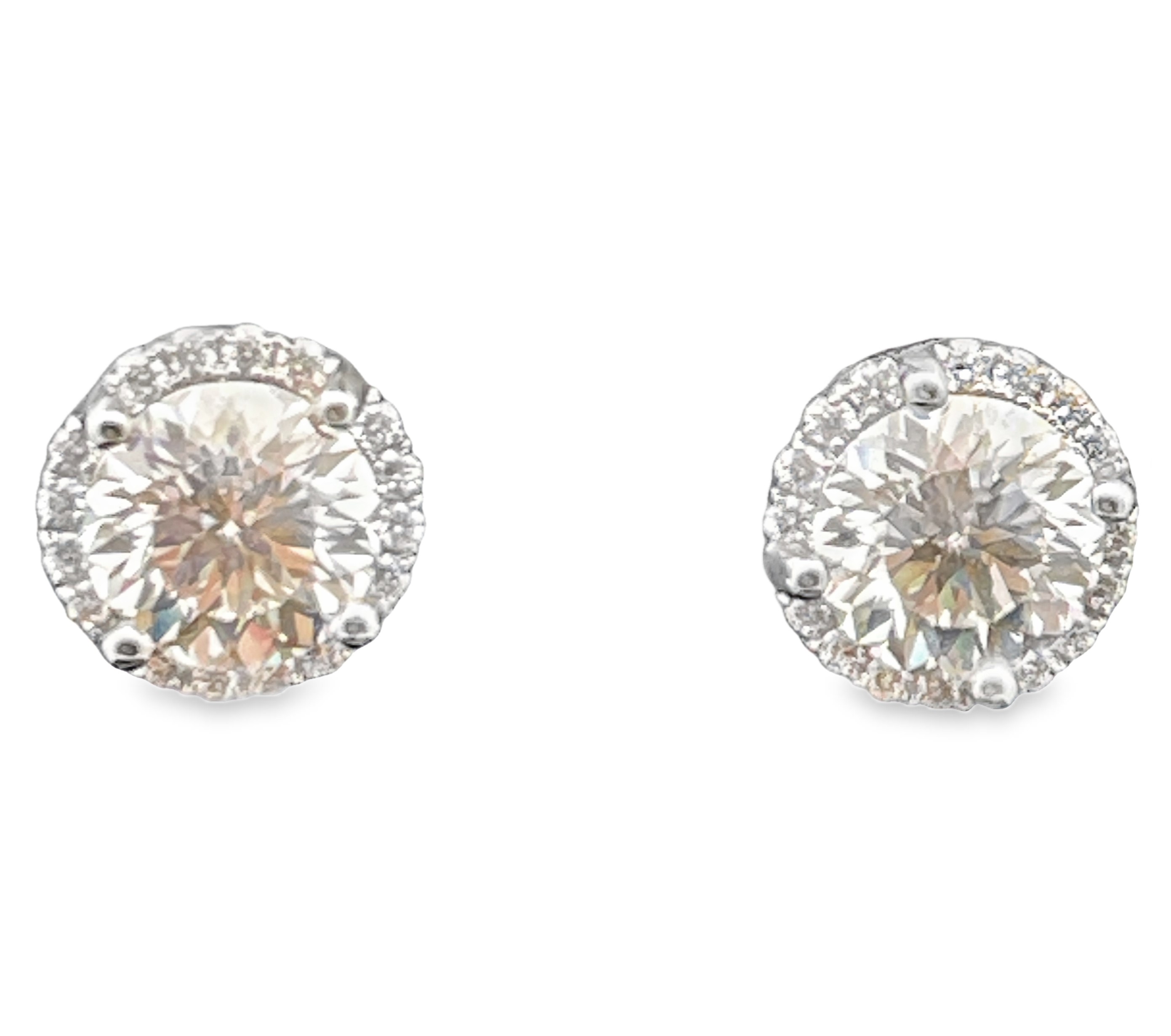 SUPER MAN MADE CREATED 2.49CTW ROUND HALO DIAMOND STUD EARRINGS CONTAINING: 1.16CT ROUND DIAMOND D VS1 IGI LG689510255 + 1.16CT ROUND DIAMOND D VVS2 IGI LG689510388 + 32 ROUND HALO DIAMONDS .17CTW F VS2 14KW