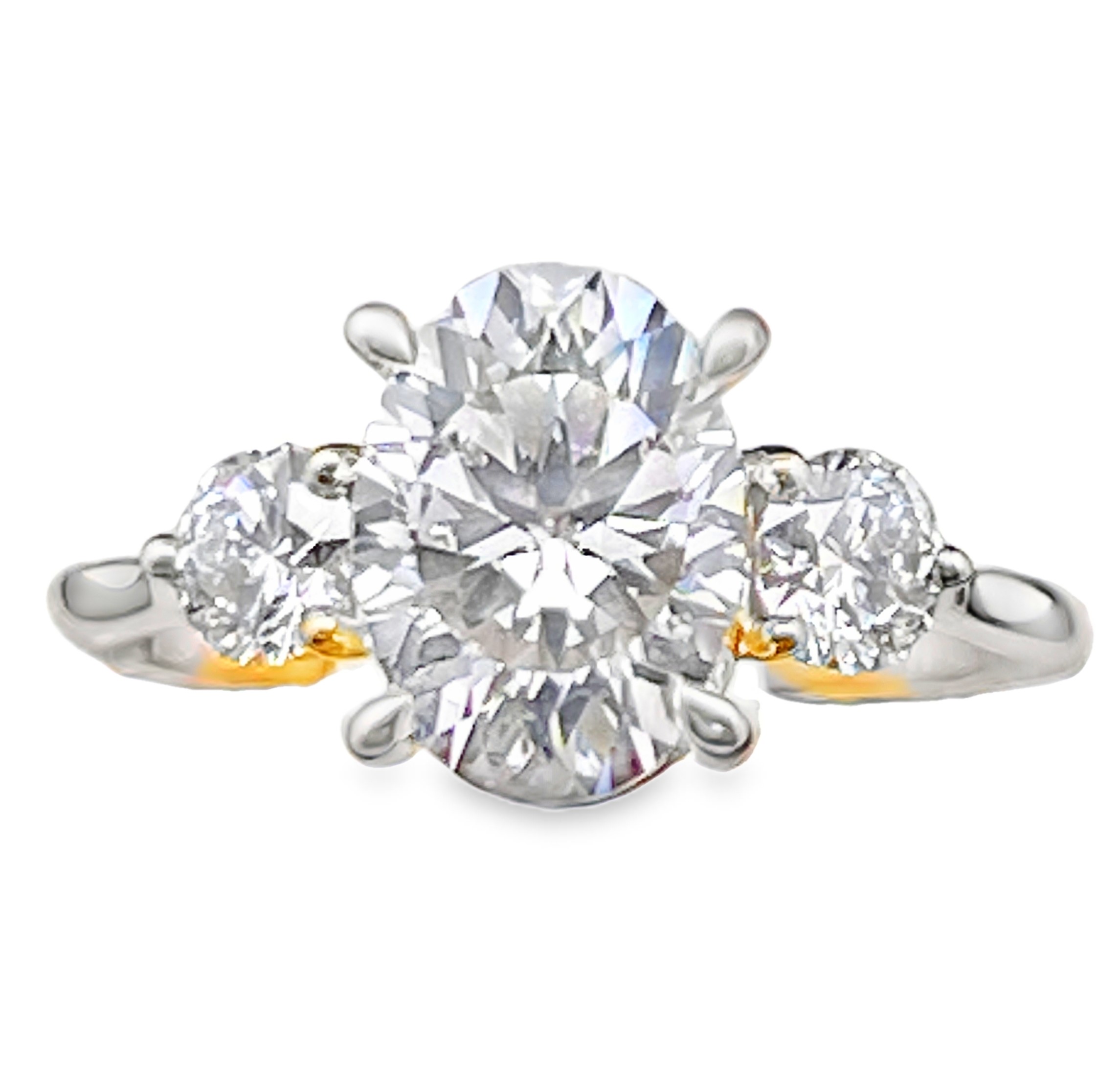 SUPER MAN MADE CREATED 3.34CTW DIAMOND 3-STONE ENGAGEMENT RING CONTAINING: 2.87CT OVAL DIAMOND CENTER D VS1 IGI LG707522575 + 2 ROUND DIAMONDS .47CTW F VS2 14KY