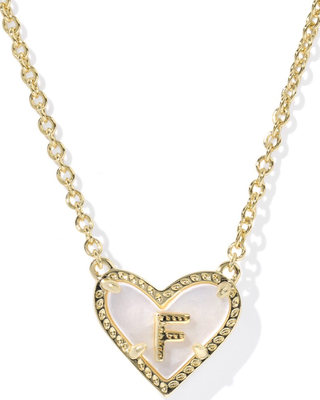 KENDRA SCOTT HEART LETTER F IVORY MOTHER OF PEARL GOLD TONE PENDANT NECKLACE