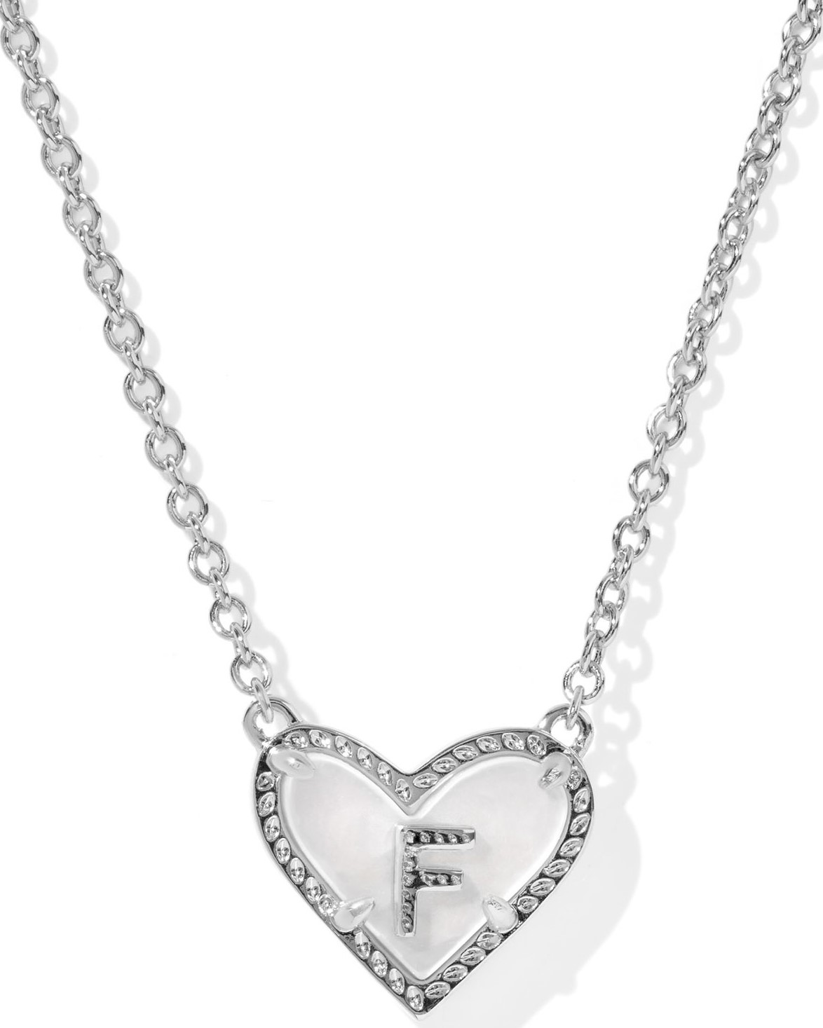 KENDRA SCOTT HEART LETTER F IVORY MOTHER OF PEARL RHODIUM PENDANT NECKLACE