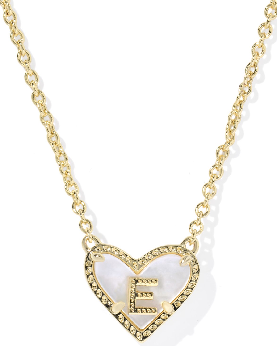 KENDRA SCOTT HEART LETTER E IVORY MOTHER OF PEARL GOLD TONE PENDANT NECKLACE
