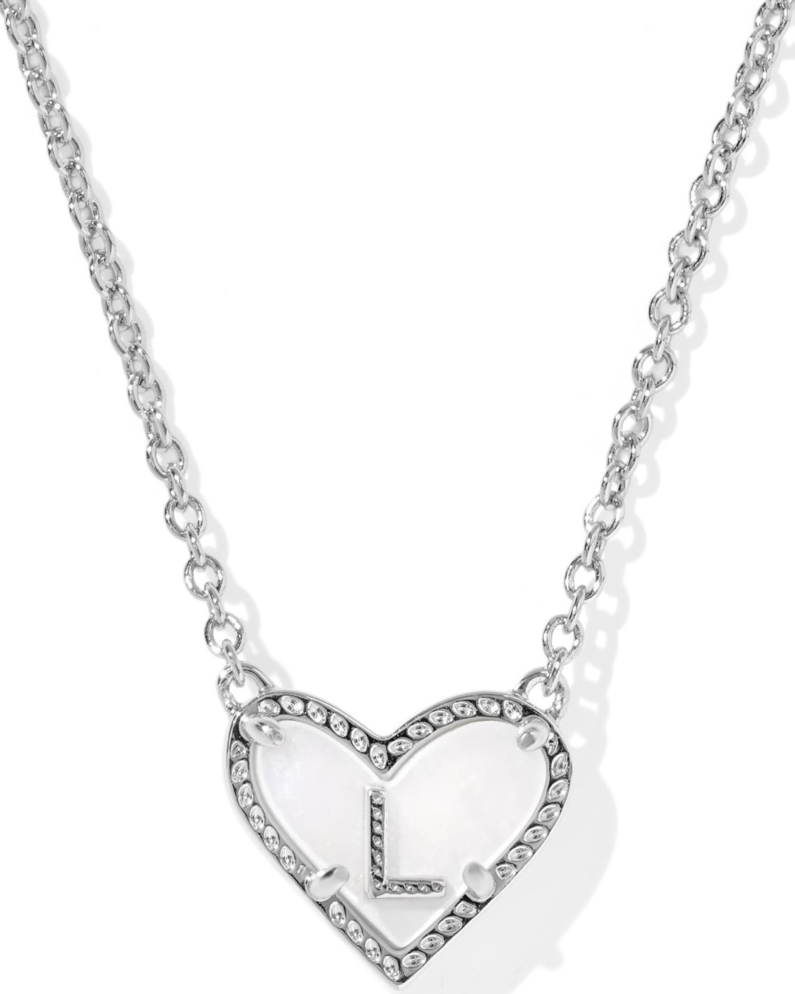 KENDRA SCOTT HEART LETTER L IVORY MOTHER OF PEARL RHODIUM PENDANT NECKLACE