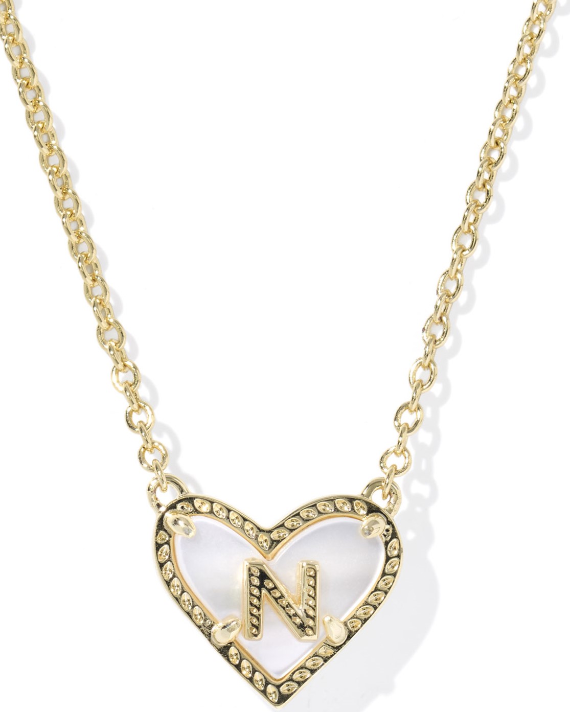 KENDRA SCOTT HEART LETTER N IVORY MOTHER OF PEARL GOLD TONE PENDANT NECKLACE